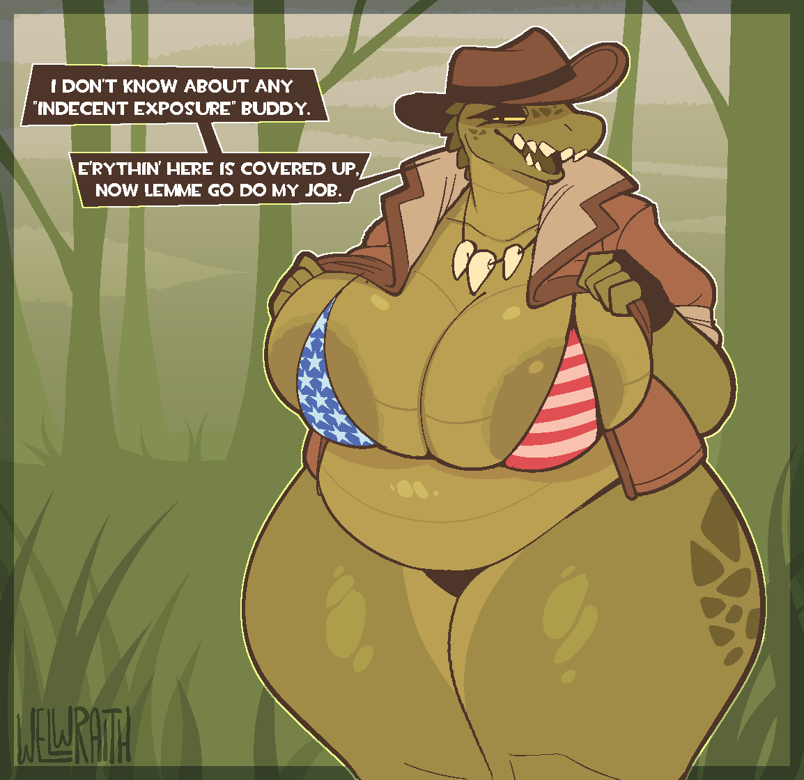 1girls anthro belly big_breasts bra breasts chubby chubby_female collar crocodile crocodile_girl dialogue english_text female female_only fingerless_gloves furry gloves hallie_(welwraith) hat huge_ass jacket large_breasts lingerie open_mouth original original_character panties sharp_teeth solo tagme talking text tongue welwraith yellow_sclera