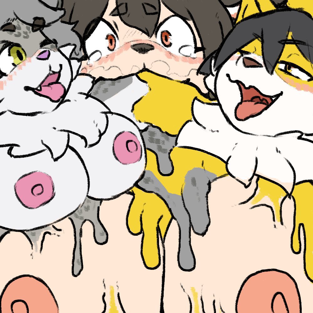 ahe_gao anthro big_breasts blush bodily_fluids breasts canid canine canis domestic_dog female female/female fox fusing fusion grey_body group komenuka_inaho looking_pleasured male male/female mammal mohuko_(komenuka_inaho) open_mouth smile tears tongue tongue_out trio upper_body yellow_body