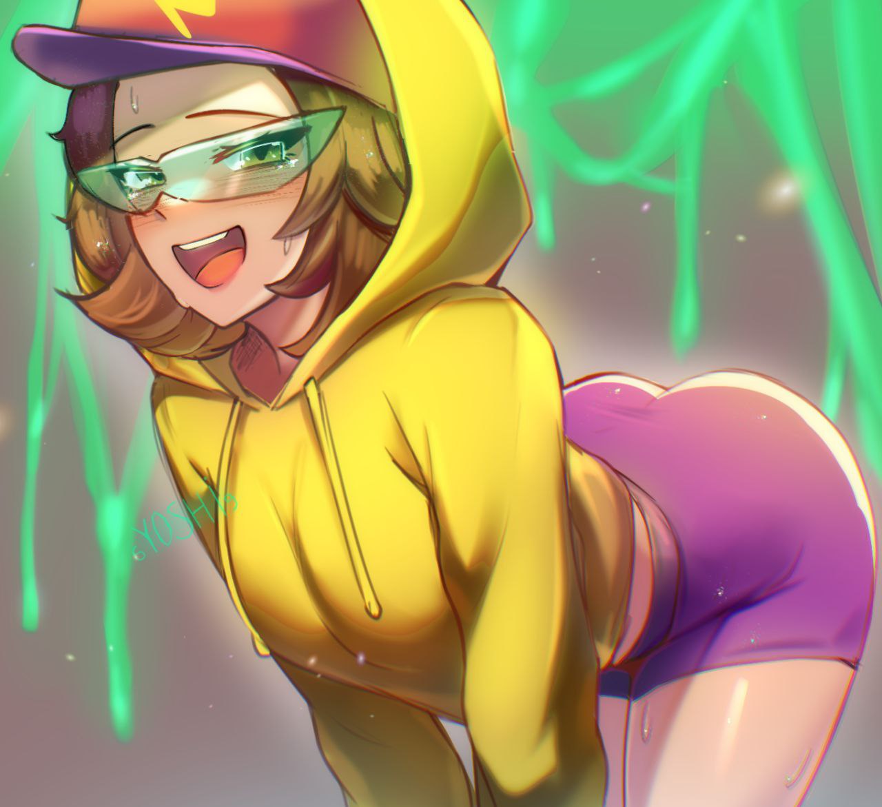 1girls 6yoshi9 big_ass big_breasts blush brawl_stars brown_hair cap female_only glasses green-tinted_eyewear green_glasses happy light-skinned_female light_skin max_(brawl_stars) open_mouth purple_shorts red_cap shorts smile solo_female streetwear_max supercell sweatshirt teeth thick_thighs tight_shorts tinted_eyewear tongue visor yellow_sweatshirt