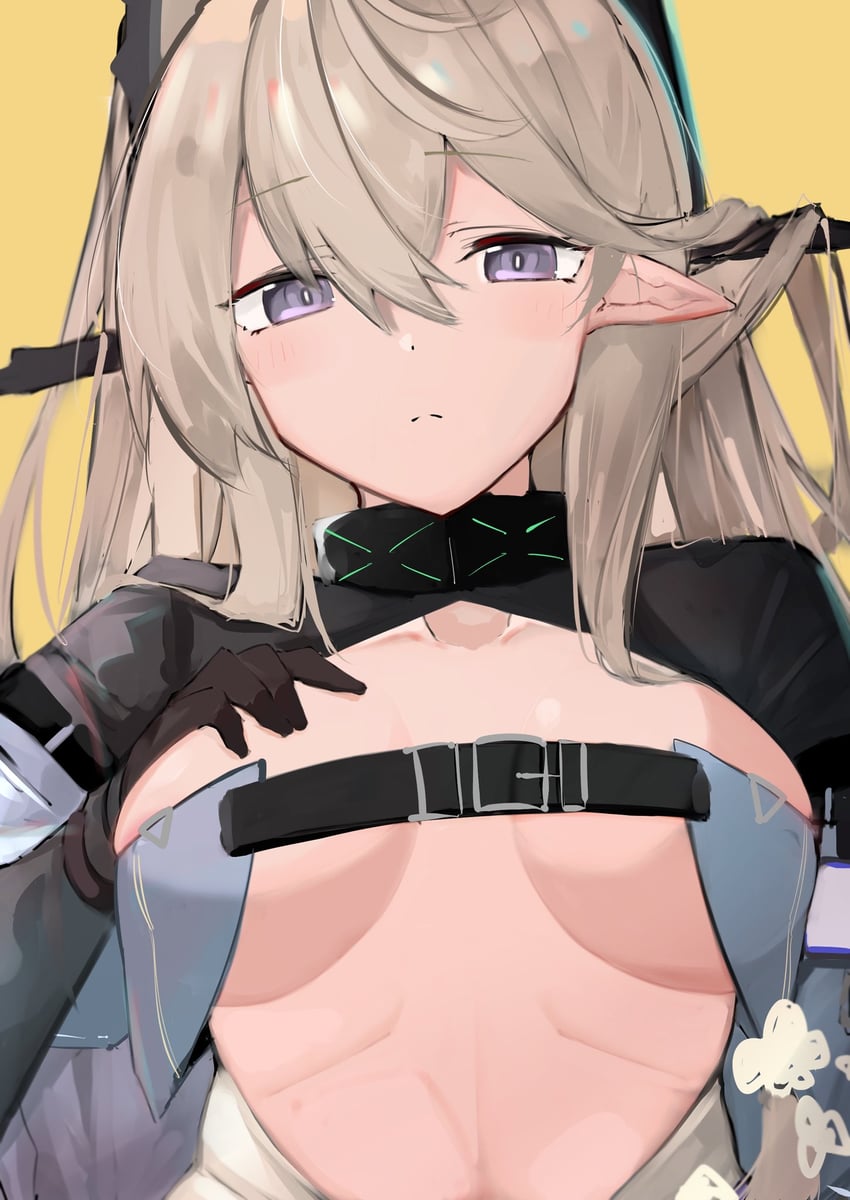 1girls 2023 arknights asususususu bangs breasts closed_mouth collarbone covered_nipples gloves hair_between_eyes indigo_(arknights) long_hair looking_at_viewer pointy_ears purple_eyes simple_background solo upper_body white_hair