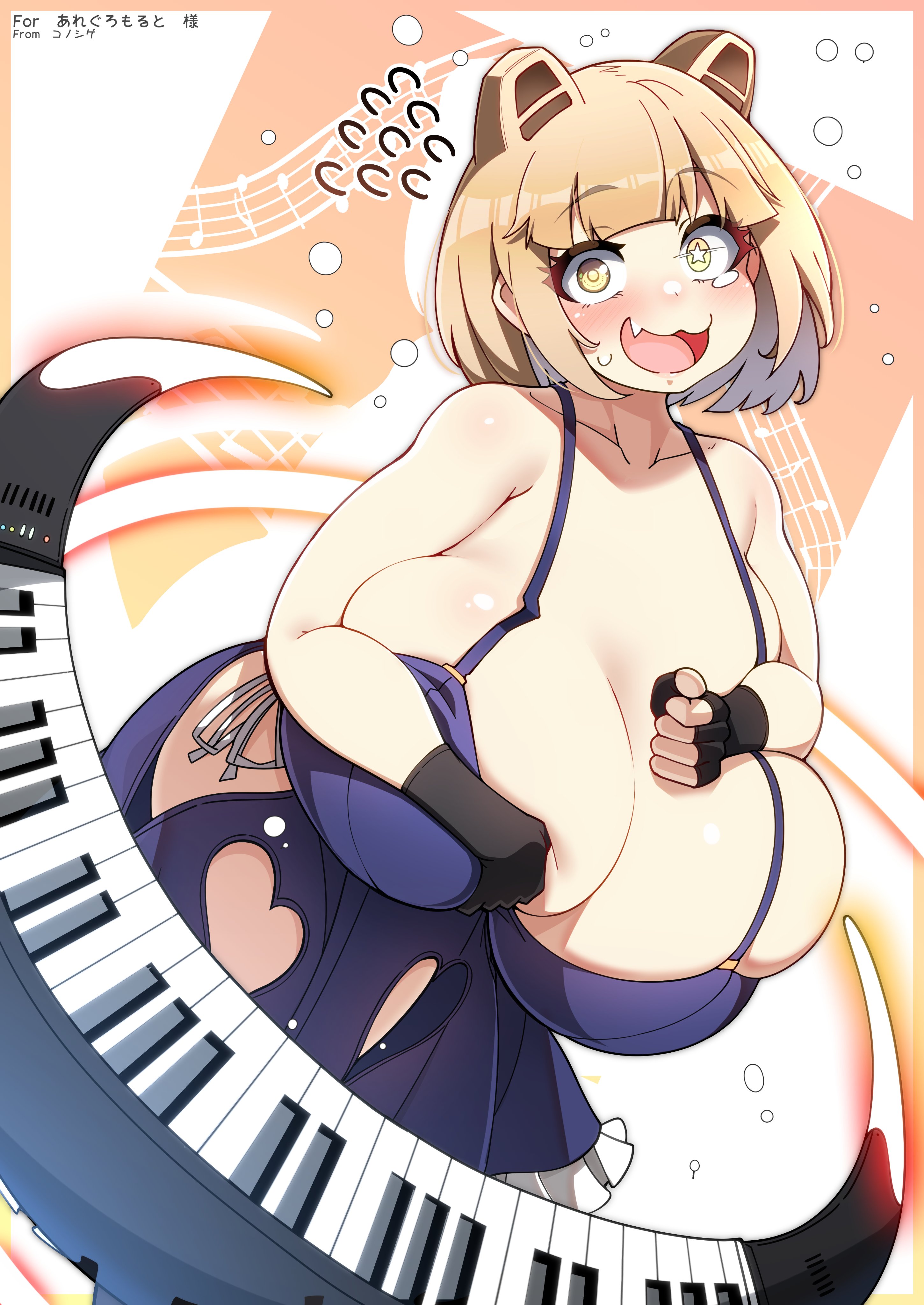 :3, 1girls, absurdres, allegro molto, areola slip, bangs, blonde hair, blue dress, blush, borrowed character, breast lift, breasts, clothing cutout, collarbone, commission, curvy, dress, dutch angle, embarrassed, eyebrows hidden by hair, feet out of frame, female, fingerless gloves, gigantic breasts, gloves, heart cutout, highres, indie virtual youtuber, instrument, keyboard (instrument), konoshige (ryuun), multi ear, oerba yun fang, open mouth, ryuun (stiil), shiny skin, short hair, sidelocks, solo, standing, thick thighs, thighhighs, thighs, virtual youtuber, wide hips