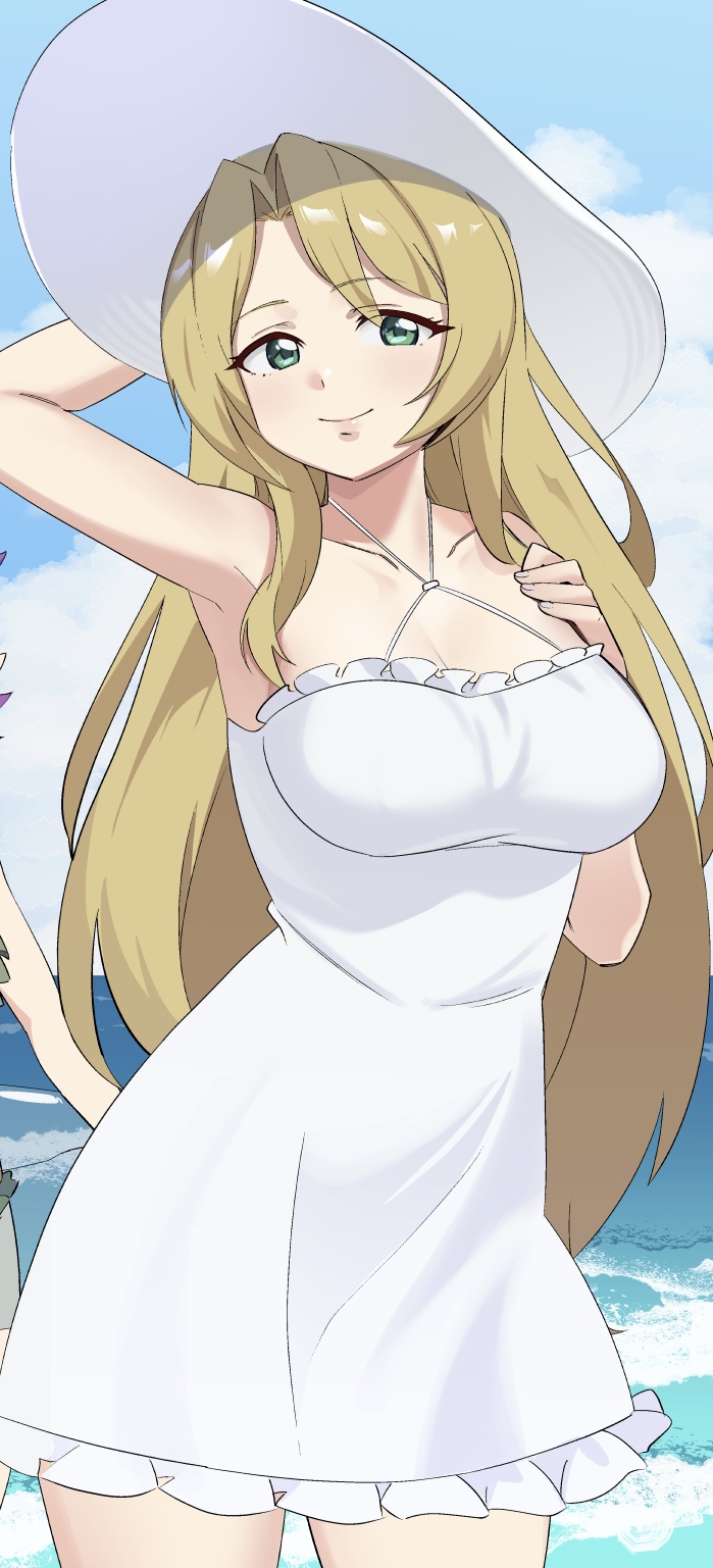 1girls armpits blonde_hair breasts elimine_(fire_emblem) female female_only fire_emblem fire_emblem:_the_binding_blade green_eyes large_breasts long_hair looking_at_viewer makino_harumaki nintendo ocean outdoors saint_elimine_(fire_emblem) smile solo very_long_hair