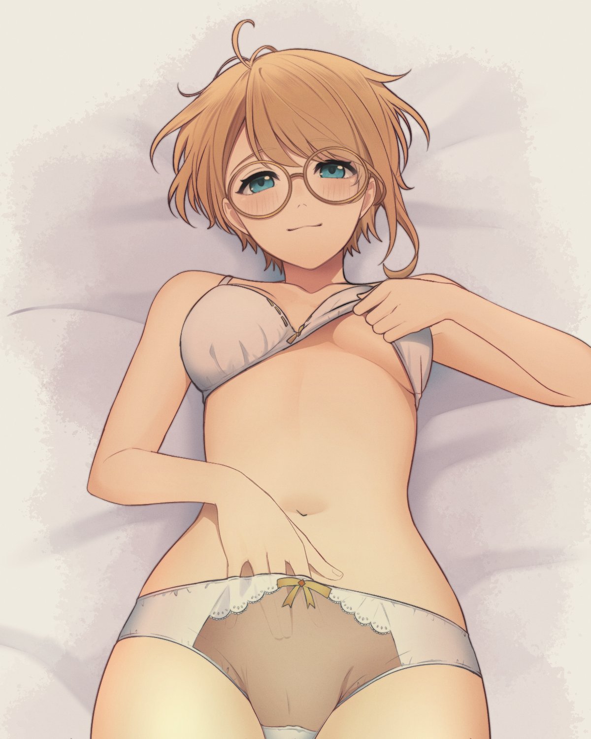 1girls angononon bare_midriff belly_button blonde_hair blue_eyes blush bra exposed_torso glasses lifting_bra looking_at_viewer medium_breasts megane midriff navel nijisanji nijisanji_indonesia panties round_glasses short_hair solo solo_female solo_focus thigh_gap underboob underwear underwear_only virtual_youtuber white_bra white_panties white_underwear yellow_hair zea_cornelia