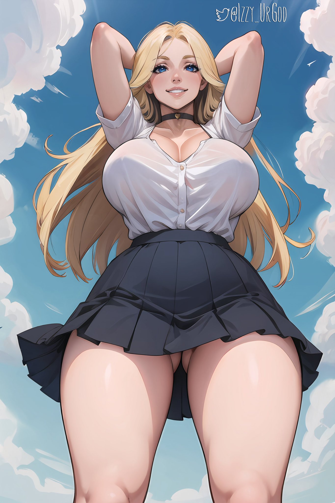 1girls, ai generated, ass, below view, big ass, big breasts, big butt, blonde hair, blue eyes, breasts, choker, female, female focus, female only, from below, gigantic breasts, huge ass, huge breasts, huge butt, human, long hair, looking at viewer, looking down, obayen, school uniform, schoolgirl, seductive look, skirt, smiling, stable diffusion, viewed from below, voluptuous, voluptuous female