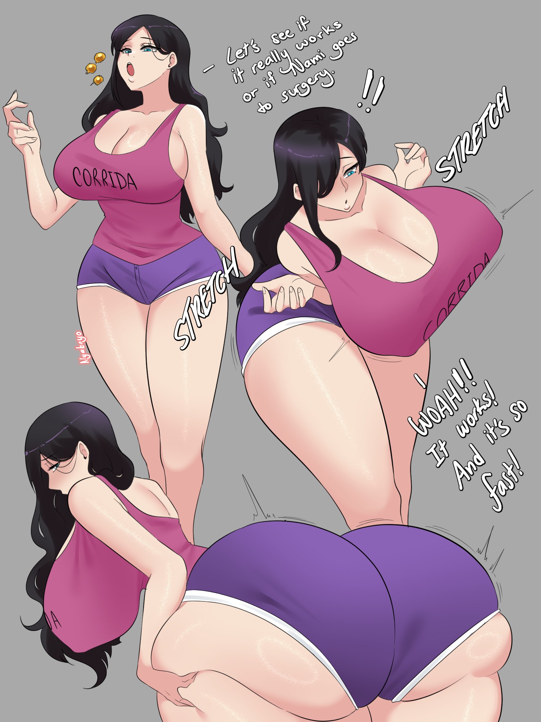 1girls, ass, ass expansion, black hair, black-haired female, blue eyes, breast expansion, breast growth, breast growth (enlargement), breasts, comic, commission, dialogue, english text, female, female only, guabeyo, high resolution, hips, huge ass, huge breasts, light skin, light-skinned female, long hair, massive breasts, nico robin, nyabeyo, one piece, post-timeskip, thick thighs, thighs, wide hips