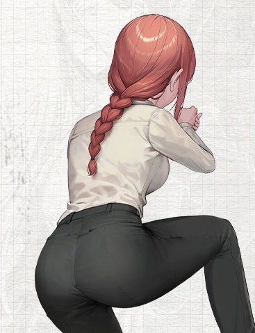 1girls, artist request, ass, back, back view, big ass, big butt, braid, braided hair, braided ponytail, chainsaw man, clothing, female, female only, from behind, fully clothed, goddess of victory: nikke, makima (chainsaw man), pants, red hair, screencap, slim waist, squatting, wide hips