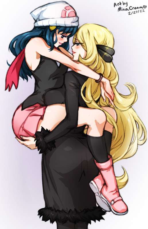 2girls, ass, blonde hair, blonde-haired female, blue hair, blue-haired female, carrying, carrying partner, cynthia (pokemon), dated, dawn (pokemon), female, female only, large ass, minacream, multiple females, multiple girls, nintendo, pokemon, pokemon dppt, yuri