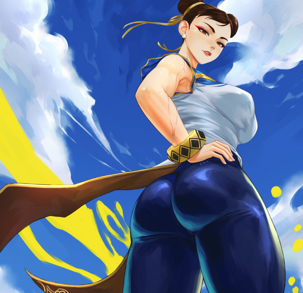 1girls armpits artist_name ass bangs blue_pants bracelet breasts brown_eyes brown_hair calad_g capcom chun-li dat_ass double_bun earrings female female_only from_behind fully_clothed gold_trim hair_bun hair_ribbon hand_on_hip huge_ass jewelry large_breasts lipgloss looking_at_viewer pants parted_lips red_eyeliner ribbon shirt short_hair sky solo street_fighter street_fighter_6 swept_bangs thick_thighs thighs tight tight_pants toned twisted_torso white_shirt wide_hips yellow_ribbon