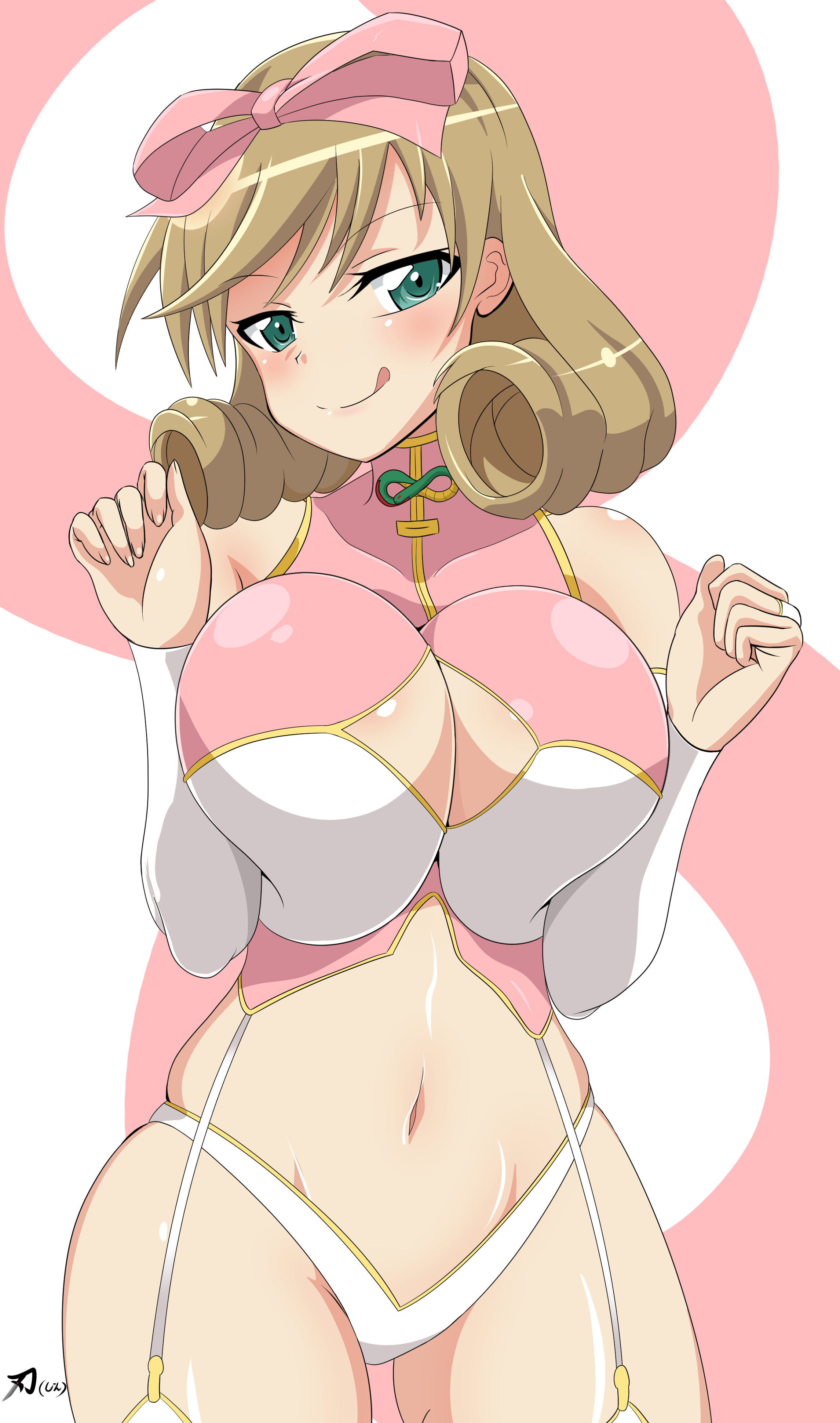 1girls, bangs, blonde hair, breasts, cleavage, cleavage cutout, curly hair, female, front view, garter straps, green eyes, ha jin, hair ornament, haruka (senran kagura), huge breasts, licking lips, light skin, light-skinned female, medium hair, midriff, navel, ribbon, senran kagura, simple background, skindentation, smile, solo, standing, tongue