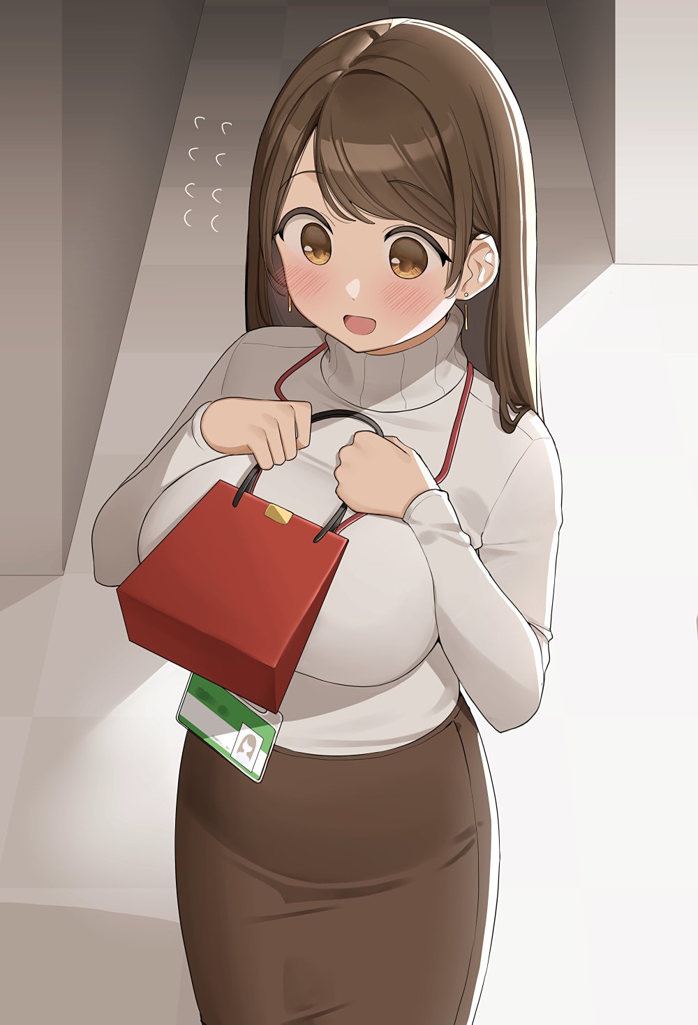 big_breasts blush brown_hair earrings gift id_card inframammary_clothing_crease lanyard long_hair office office_lady ol-chan_(ol_mahonanoka) ol_mahonanoka original skirt tight_clothing turtleneck