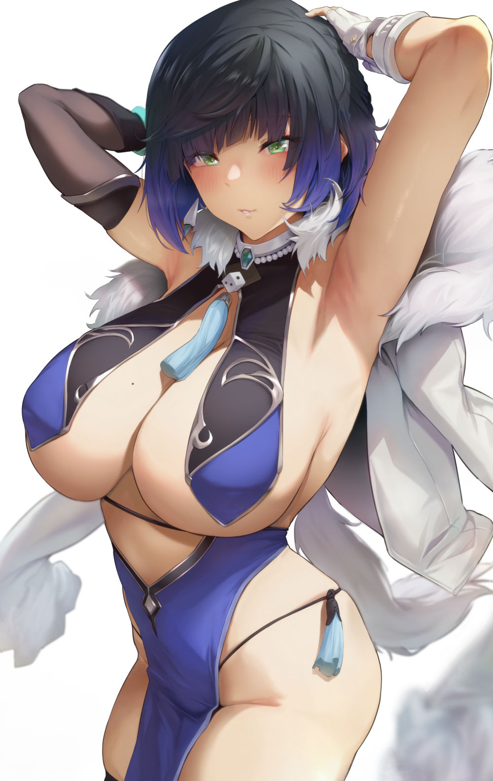 armpits arms_behind_head arms_up beauty_mark breast_curtains breasts female female_only genshin_impact kurowa looking_at_viewer mole_on_breast sideboob solo tagme white_background yelan_(genshin_impact)