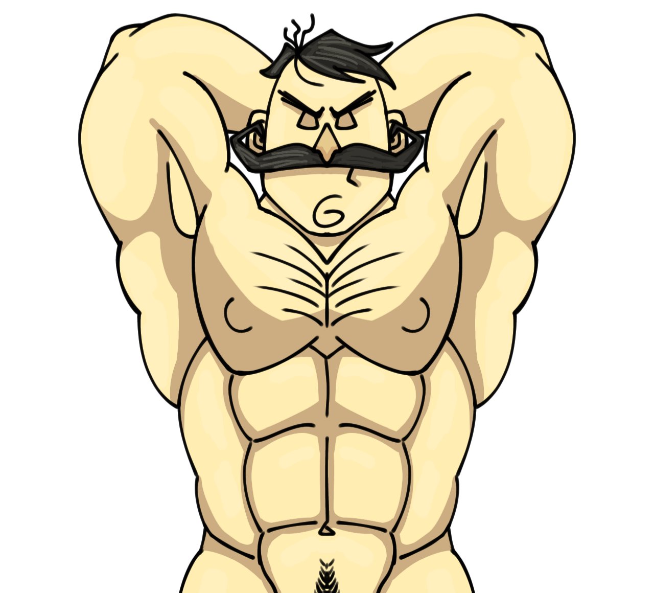 abs black_hair chest_hair closed_eyes closed_mouth don't_starve don't_starve_together flexing hair klei_entertainment male male_only moustache nipples pale_skin pecs pectorals teosaurio3000 white_background wolfgang_(don't_starve)