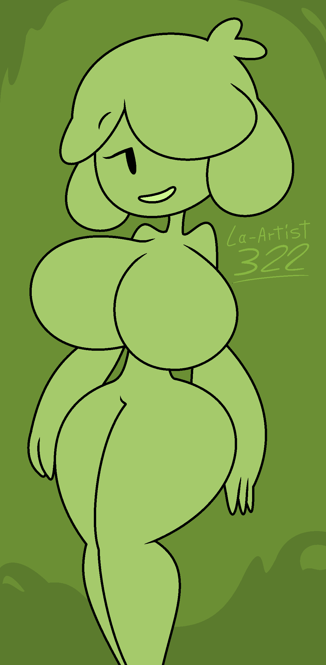 fanart green_background half-closed_eye la-artist322_(artist) no_nipples nude slime_girl slymee smug_face smug_grin smug_smile