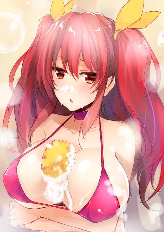 2015 areola_bulge arms_crossed_under_breasts big_breasts bikini bubbles choker goban hair_ribbons long_hair long_pink_hair looking_at_viewer orange_eyes pink_bikini pink_choker pink_hair rakudai_kishi_no_cavalry soap_bubbles soap_bubbles_on_face sponge_between_breasts sponge_in_cleavage stella_vermillion