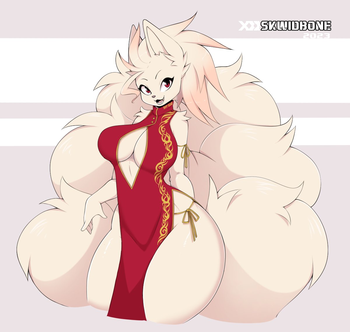 1girls, anthro, big breasts, breasts, chinese clothes, female, fox, fur, furry, generation 1 pokemon, ninetales, pokémon (species), pokemon, pokemon (species), simple background, skwidbone