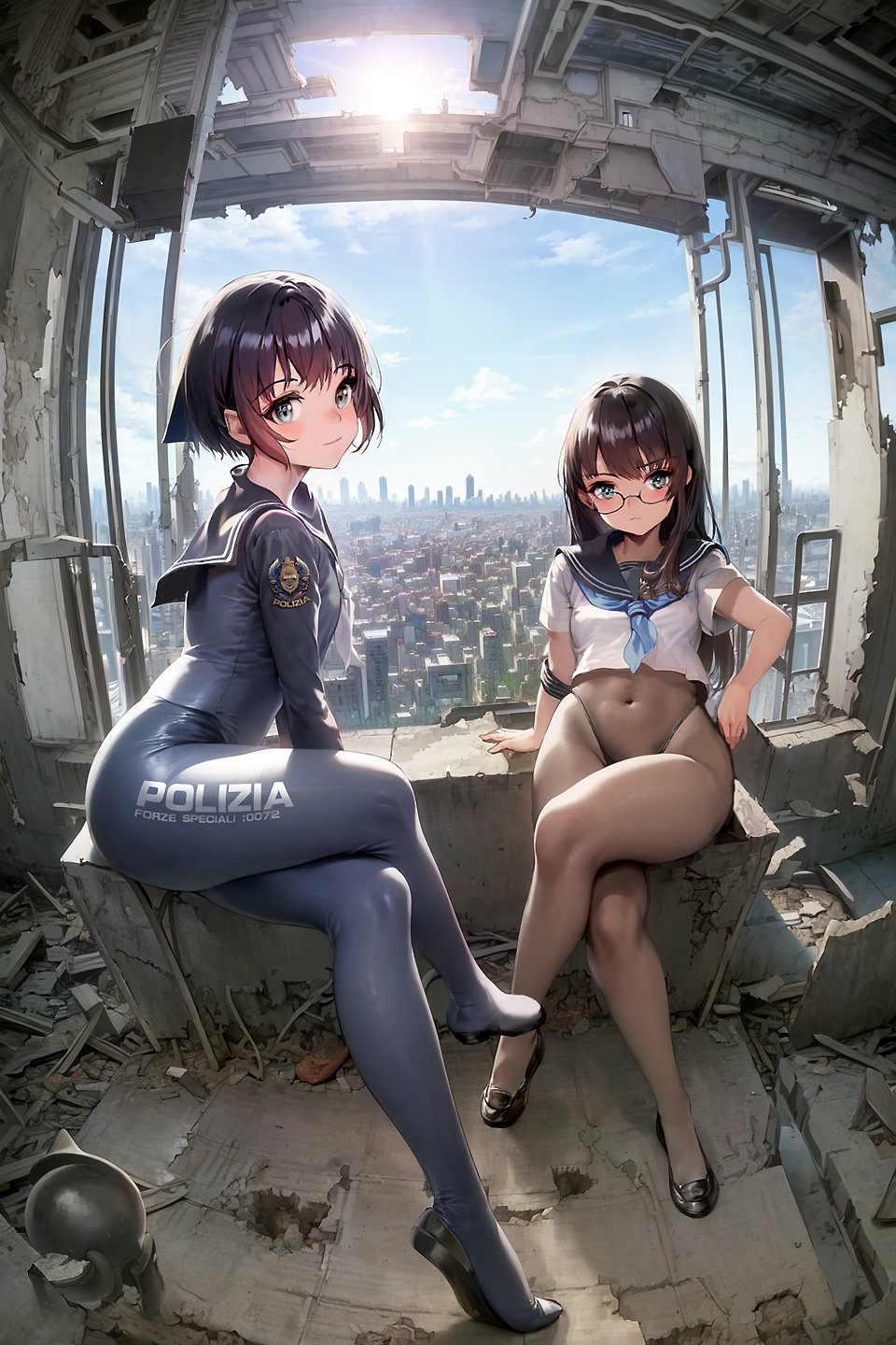 2girls, abandoned building, ai generated, blush, city, female, female only, glasses, kim hyung tae (jamm3rd), latex, looking at viewer, pantyhose, pov, pov eye contact, school uniform, schoolgirl, tight clothing, window