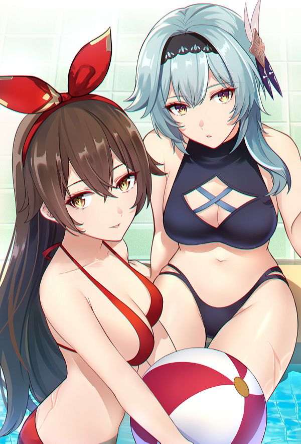 2girls, amber (genshin impact), artist request, beach ball, big breasts, blue hair, breasts, brown hair, curvy figure, eula (genshin impact), female, genshin impact, gold eyes, hair ornament, looking at viewer, multiple females, multiple girls, seductive look, swimming pool, swimsuit