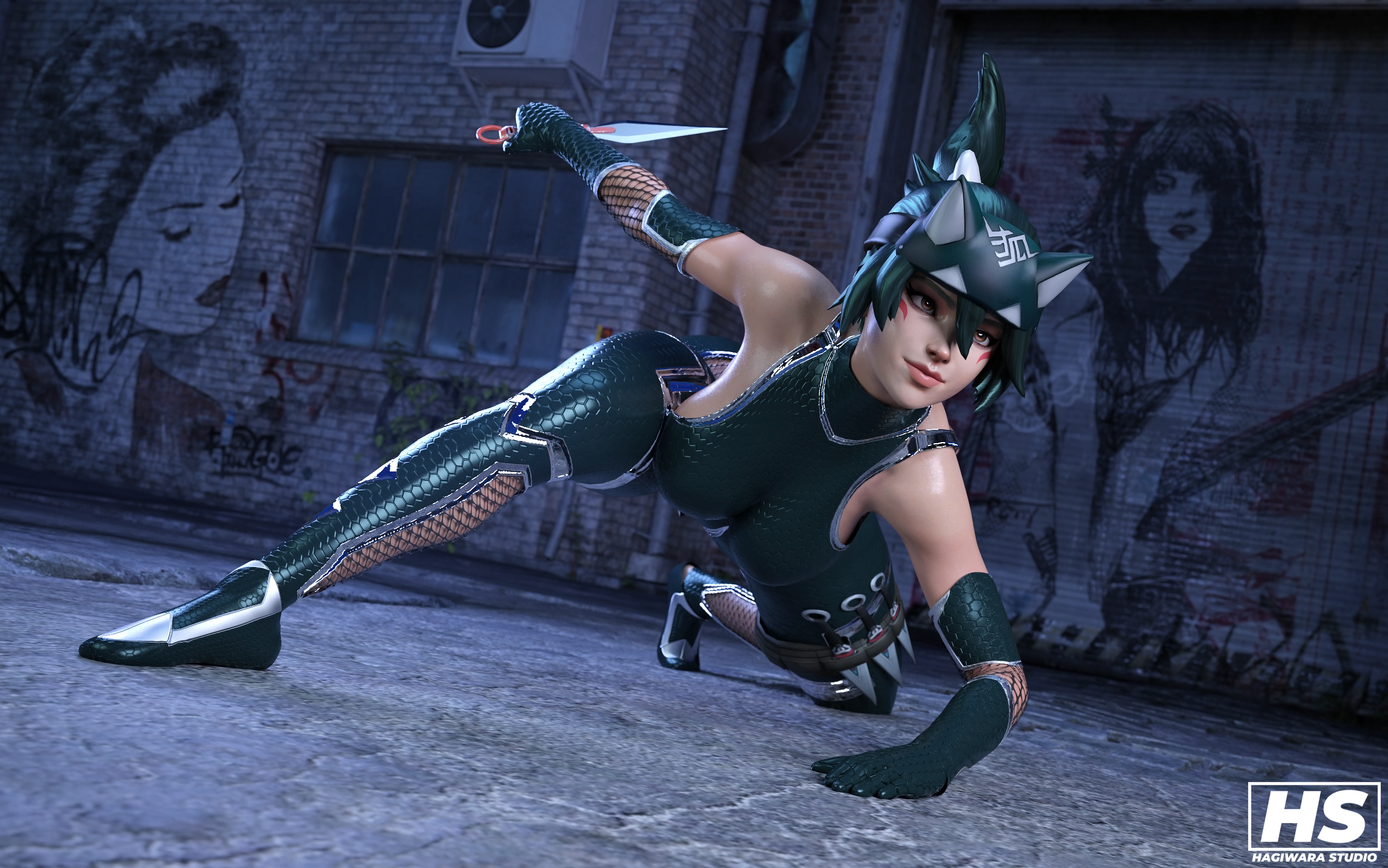 3d, dark green hair, face tattoo, female, green hair, hagiwara studio, jumpsuit, kiriko (overwatch), kiriko kamori, overwatch, overwatch 2, tagme, taimanin suit