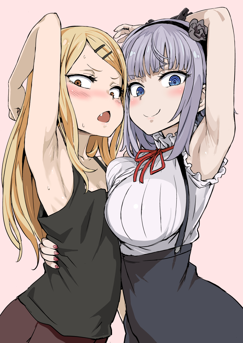 2girls armpit_fetish armpit_focus armpits arms_behind_head asanagi blonde_hair blue_eyes blush breast_press breasts brown_eyes dagashi_kashi endou_saya_(dagashi_kashi) fangs flat_chest hair_ornament hairband hairclip hug large_breasts long_hair looking_at_viewer multiple_girls open_mouth presenting_armpit purple_hair shidare_hotaru simple_background smile sweat