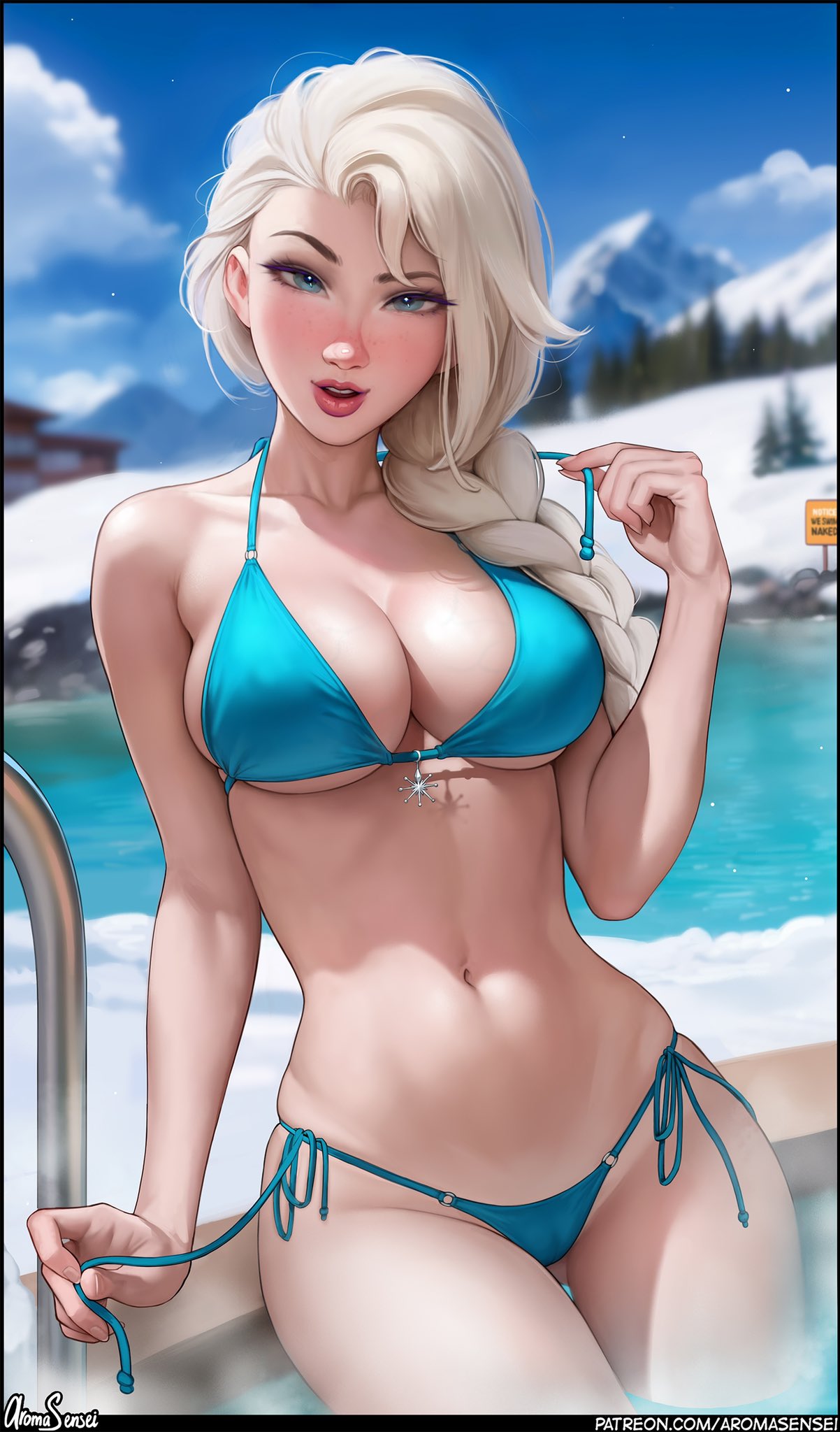 1girls, 2023, aroma sensei, big breasts, bikini, blue bikini, blue eyes, braided hair, breasts, disney, elsa (frozen), female, female only, frozen (film), hips, long hair, looking at viewer, side-tie bikini, signature, small breasts, solo, swimsuit, text, textless, water, white hair, wide hips