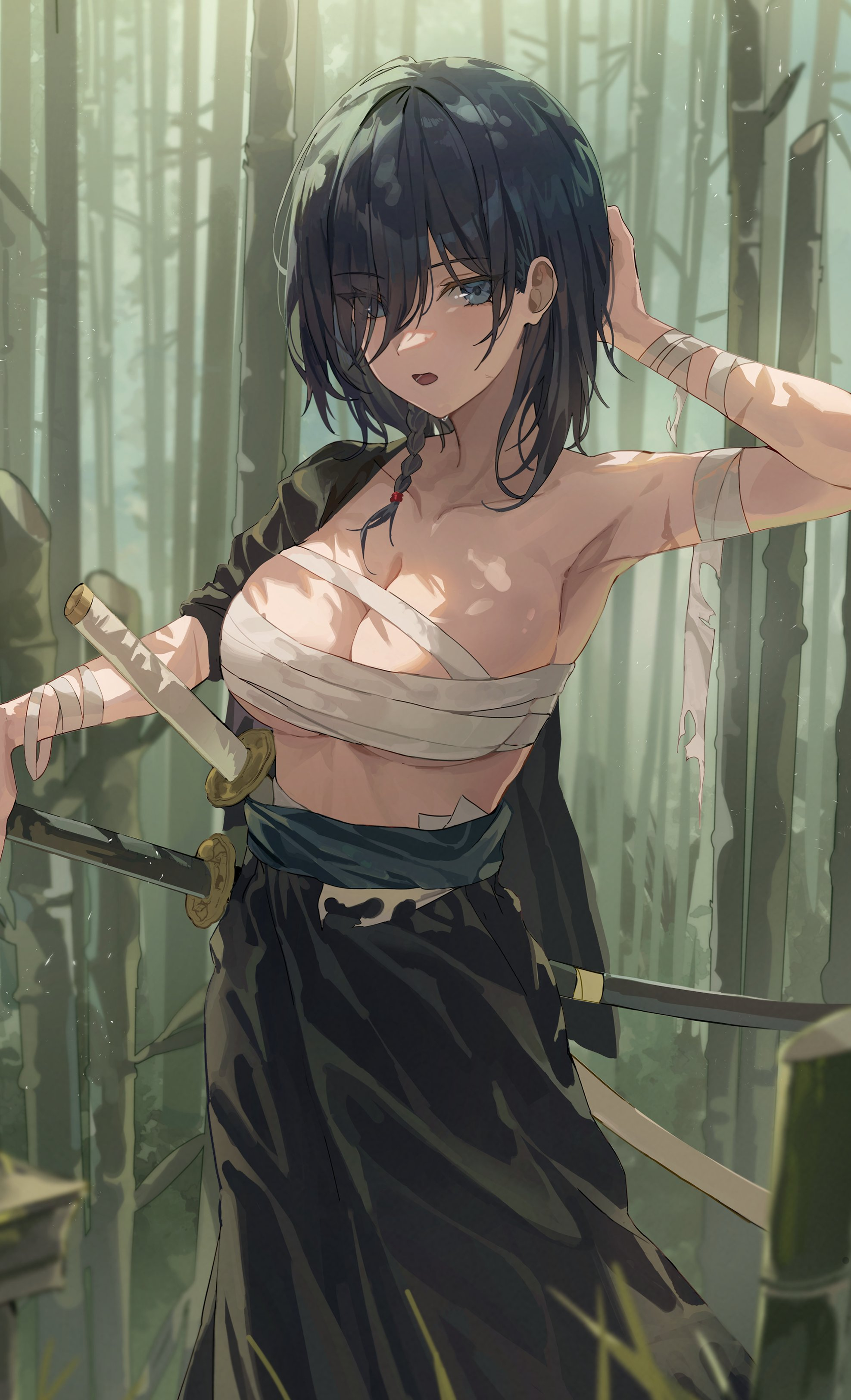 1girls, 9ujin, armpits, arms behind head, bandage, bandages, bare arms, bare shoulders, black hair, blue eyes, braid, breasts, chest sarashi, cleavage, collarbone, female, forest, ishimi yokoyama, japanese clothes, katana, large breasts, light skin, light-skinned female, nature, original, partially clothed, revealing clothes, sarashi, scar, short hair, skirt, solo, sweat, sword, weapon