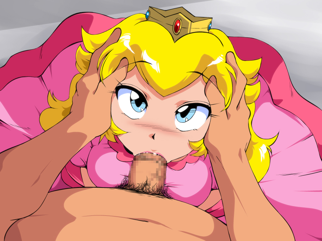 1boy, 1girls, blue eyes, blush, censored, fellatio, female, human, male, mario (series), nintendo, old school academy, oral, penis, pov, princess peach, straight