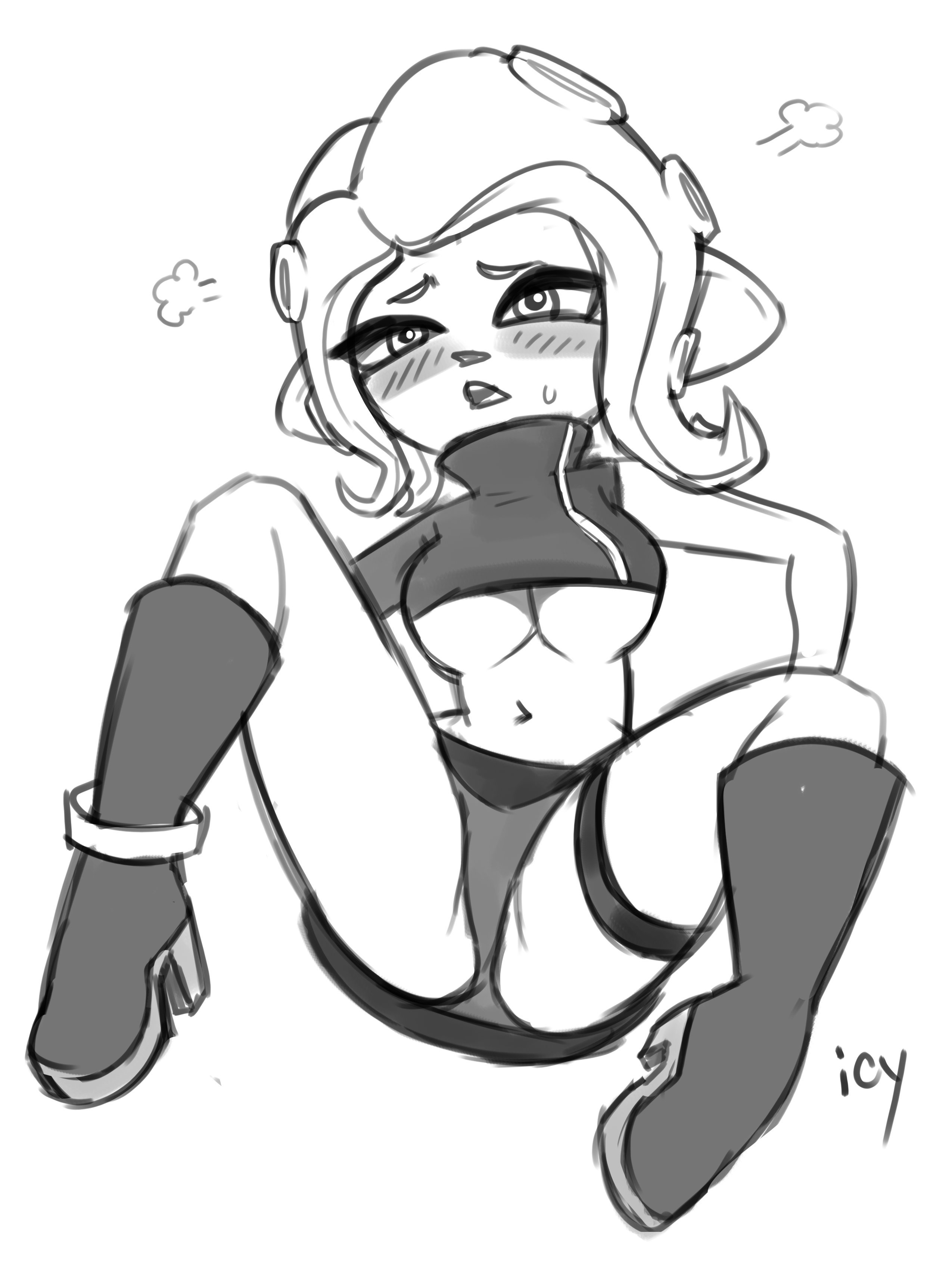 agent 8 (splatoon), blush, breasts, cephalopod, cephalopod humanoid, female, iseenudepeople, mask (marking), monochrome, nintendo, no bra, octoling, octoling girl, octopus, panties, shoes, skirt, splatoon, splatoon 2, splatoon 2: octo expansion, spread legs, suction cup, sweat, tentacle, tentacle hair, underboob
