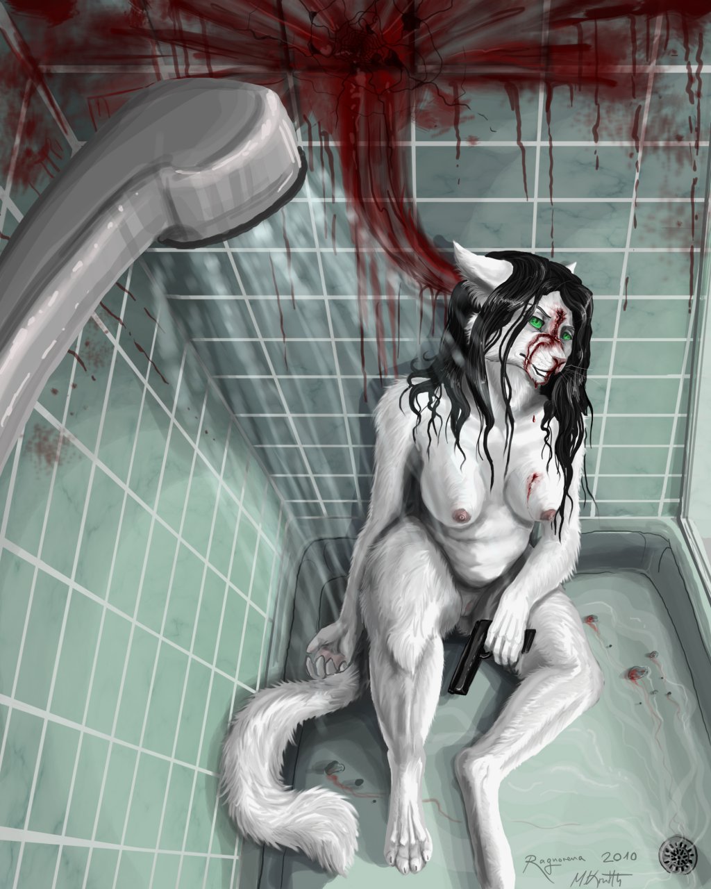 2010 anthro bathtub big_breasts black_hair bleeding blood blood_splatter blood_stain breasts color death digitigrade feline female female_death female_only firearm fur furry furry_breasts furry_ears furry_tail green_eyes gun gunshot hair handgun headshot indoors injury long_hair nipples nude pistol puncture pussy ragnorena red_blood shower sitting smile solo suicide tail tiles vulva water weapon white_fur wound