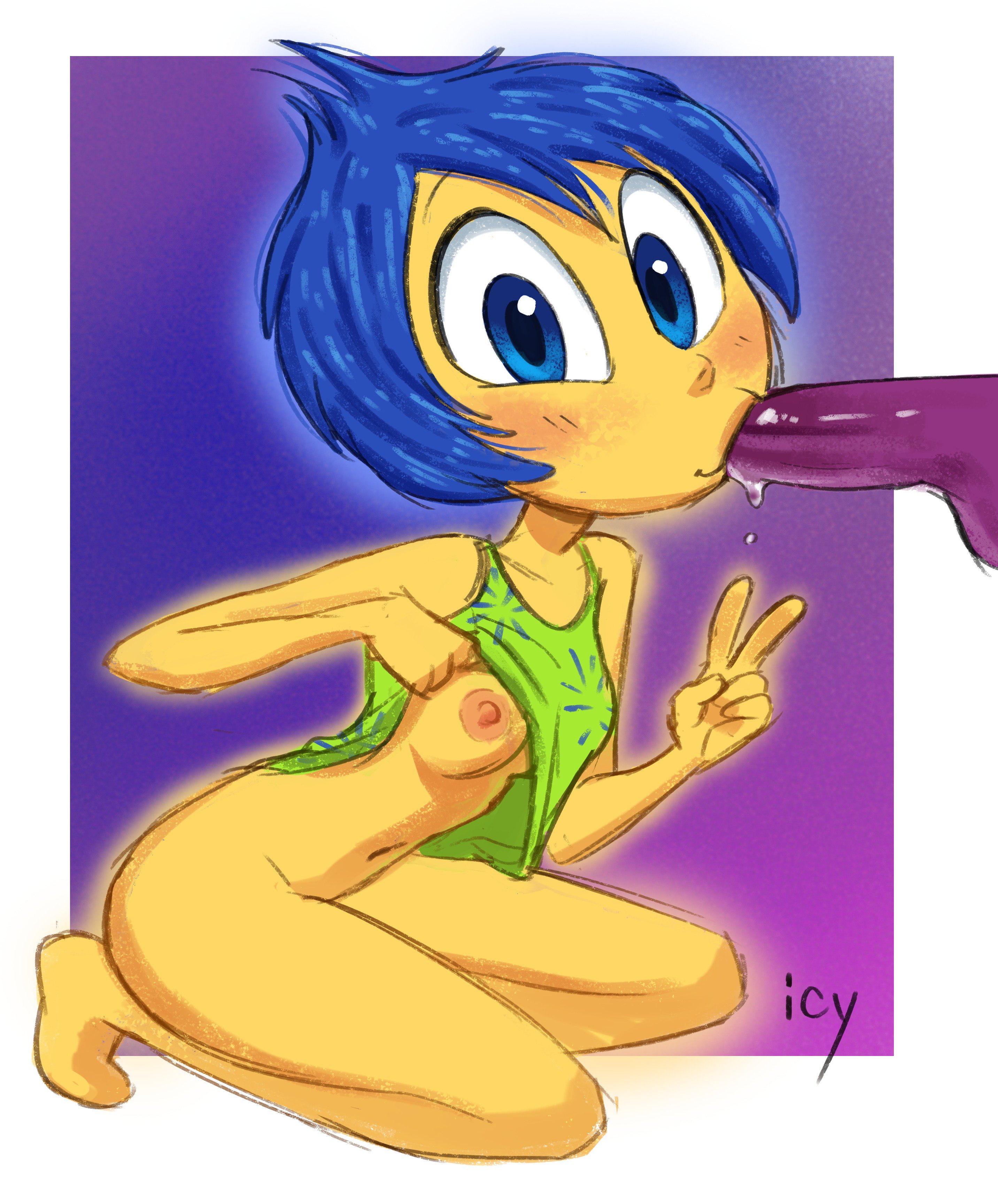 1boy, 1girls, blue eyes, blue hair, blush, breasts, disney, dress, fear (inside out), fellatio, female, gesture, green dress, inside out, iseenudepeople, joy (inside out), male, nipples, oral, oral sex, penis, pixar, showing, showing off, sucking, v