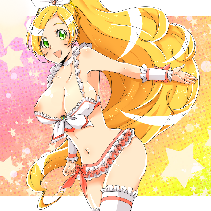 1girls 2011 alternate_breast_size alternate_outfit armpits ass belly blonde_hair blush breasts choker clothing cure_rhythm eye_contact female female_only front-tie_top green_eyes large_breasts lingerie looking_at_viewer magical_girl midriff minamino_kanade navel nipple nipple_slip nipples ponytail precure pretty_cure smile solo source_request stockings suite_precure suite_pretty_cure thick_thighs tied_hair underwear wide_hips wrist_cuffs yawaragi