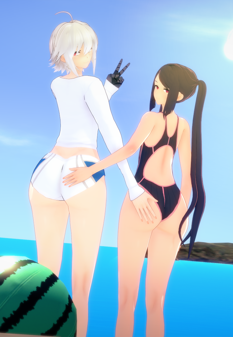 2girls 3d ahoge alternate_version_available ass beach black_hair dana_zane hand_on_ass julianne_stingray koikatsu light-skinned_female light_skin long_hair looking_at_viewer peace_sign ponytail sea seaside spiritofrei swimsuit twintails va-11_hall-a white_hair