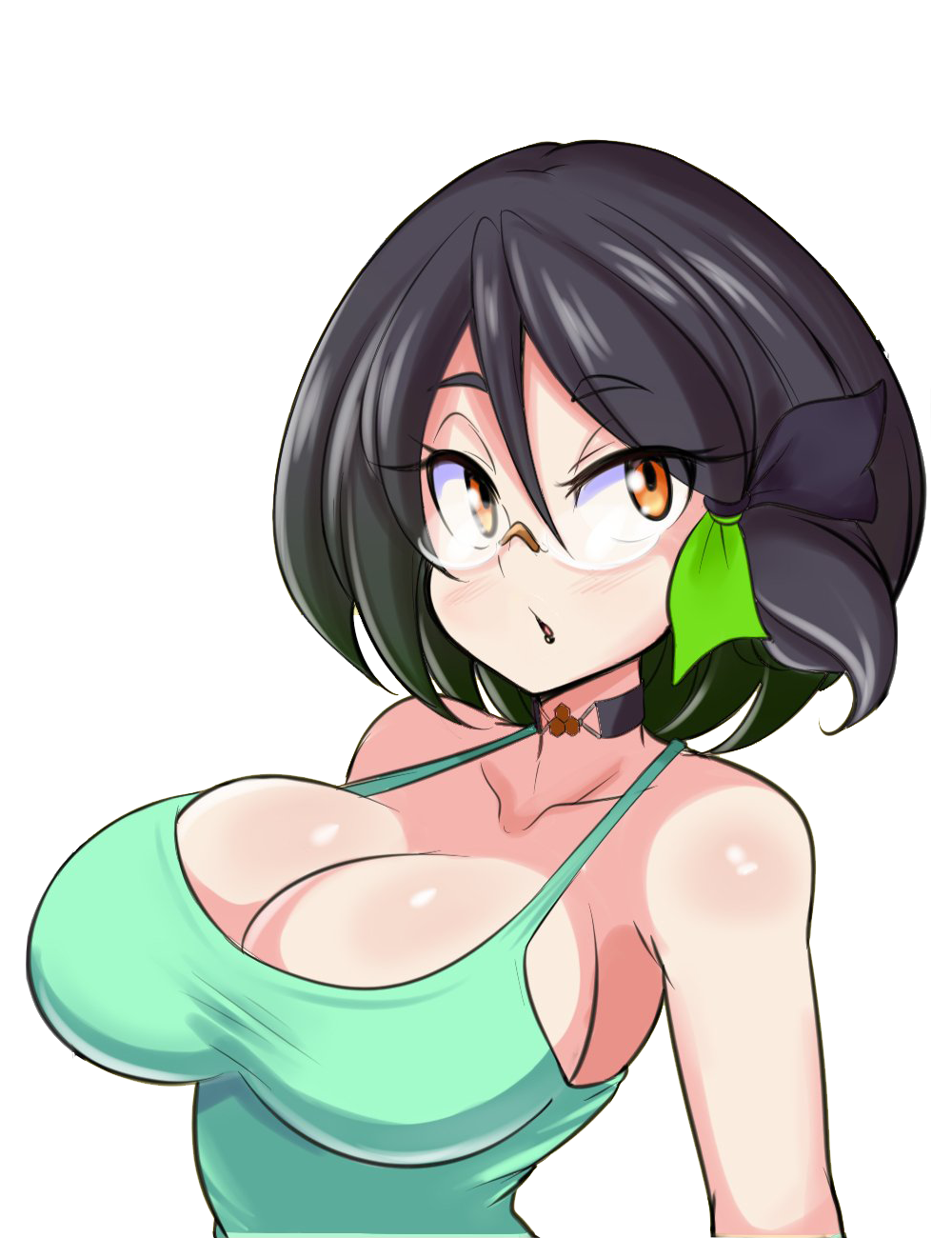 1girls big_breasts black_hair breasts brown_eyes bursting_breasts busty cleavage female female_only glasses highres kuraita_(the_kurieta) large_breasts open_mouth original original_character short_hair simple_background solo tank_top the_kurieta voluptuous