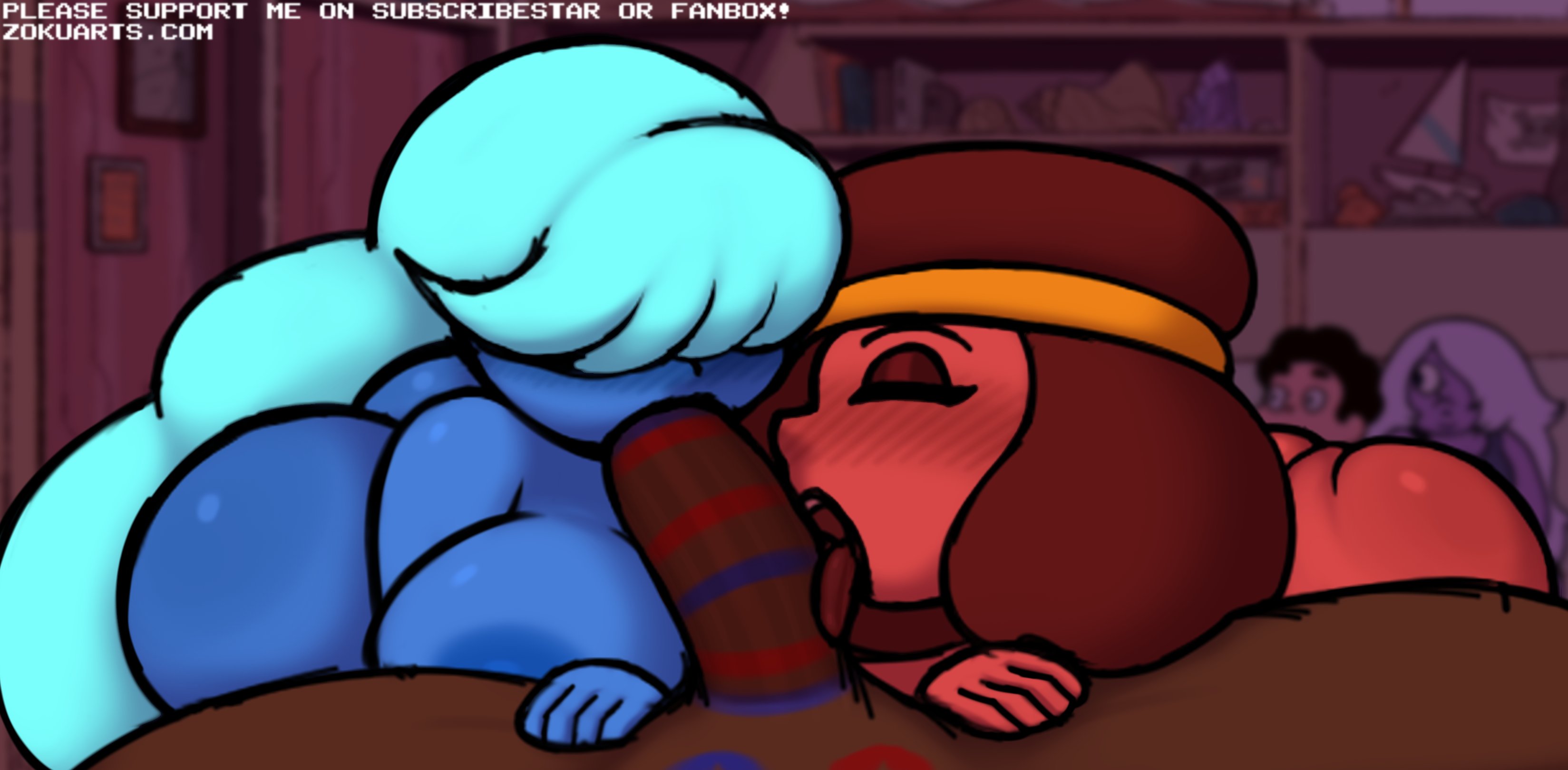 1boy, 2d, 2girls, amethyst (steven universe), ass, ass crack, bangs over eyes, big ass, big penis, blowjob, blue hair, blue skin, blue-skinned female, blush, brown hair, bubble ass, bubble butt, butt crack, cartoon network, closed eyes, dark skin, dark-skinned male, female, gem (species), headband, licking penis, lipstick, lipstick mark, long hair, male, orientation play, penis, red skin, red-skinned female, ruby (steven universe), sapphire (steven universe), short hair, steven quartz universe, steven universe, tongue, tongue out, zokuarts