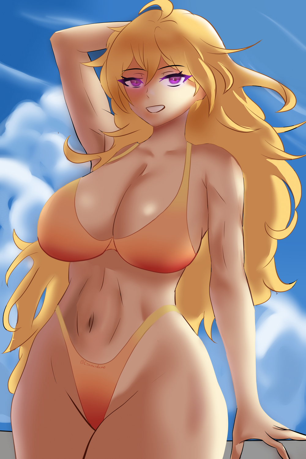 1girls arm_behind_head armpits artist_name big_breasts bikini blonde_hair breasts busty child_bearing_hips cleavage commandame female female_only highres large_breasts legs long_hair navel orange_bikini parted_lips pose posing purple_eyes rwby sensual smile solo swimsuit thick_thighs thighs thong_bikini voluptuous wide_hips yang_xiao_long