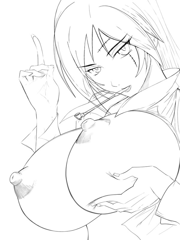 big_breasts breast_hold breasts_out facial_scar female female_only gintama hair_down huge_breasts kiseru looking_at_viewer monochrome pipe rough_sketch sketch smoking smoking_pipe solo tsukuyo upper_body