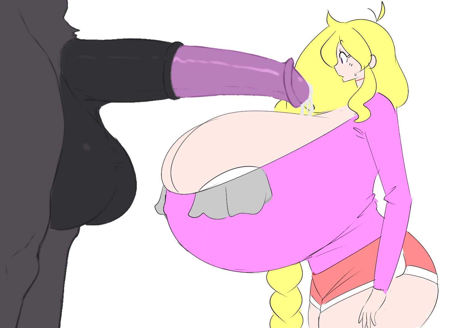 breasts, cassie (theycallhimcake), cock shock, female, gigantic breasts, horsecock, hyper breasts, imminent sex, male, minotaur, monster, penis, precum, precum drip, theycallhimcake, third-party edit
