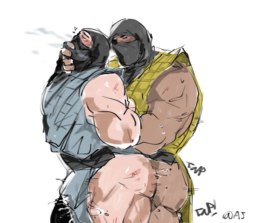 aj666000 anal anal_sex arms_behind_back bara blush boner bulge closed_eyes cum cum_through_clothes erection erection_under_clothes gay hand_over_another's_mouth hand_over_mouth hood male male_only mask mortal_kombat muscles muscular scorpion_(mortal_kombat) sex sub-zero sweaty