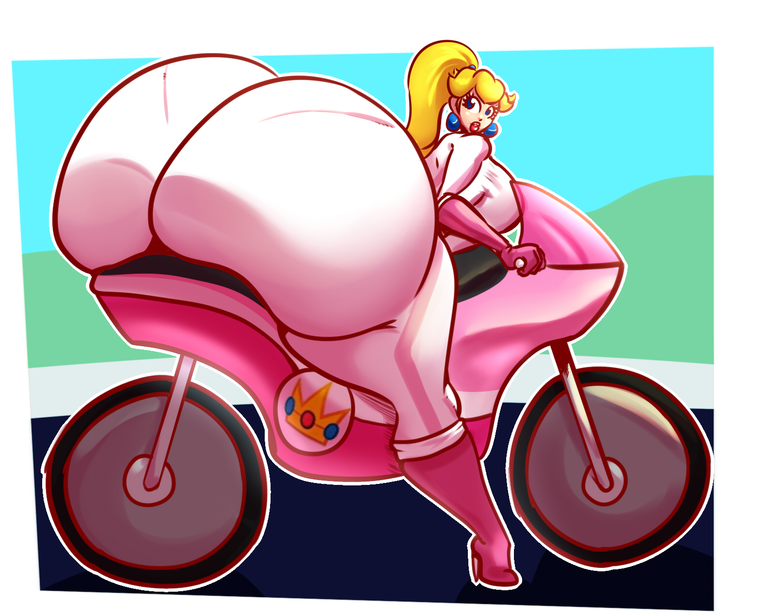 1girls, ass, ass bigger than breasts, ass bigger than head, ass bigger than torso, big breasts, bike, biker, breasts, enormous ass, female, gigantic ass, huge ass, hyper, hyper ass, long hair, looking back, mario (series), mario kart, massive ass, nintendo, princess peach, schnauzercito, tagme, thick thighs, wide hips