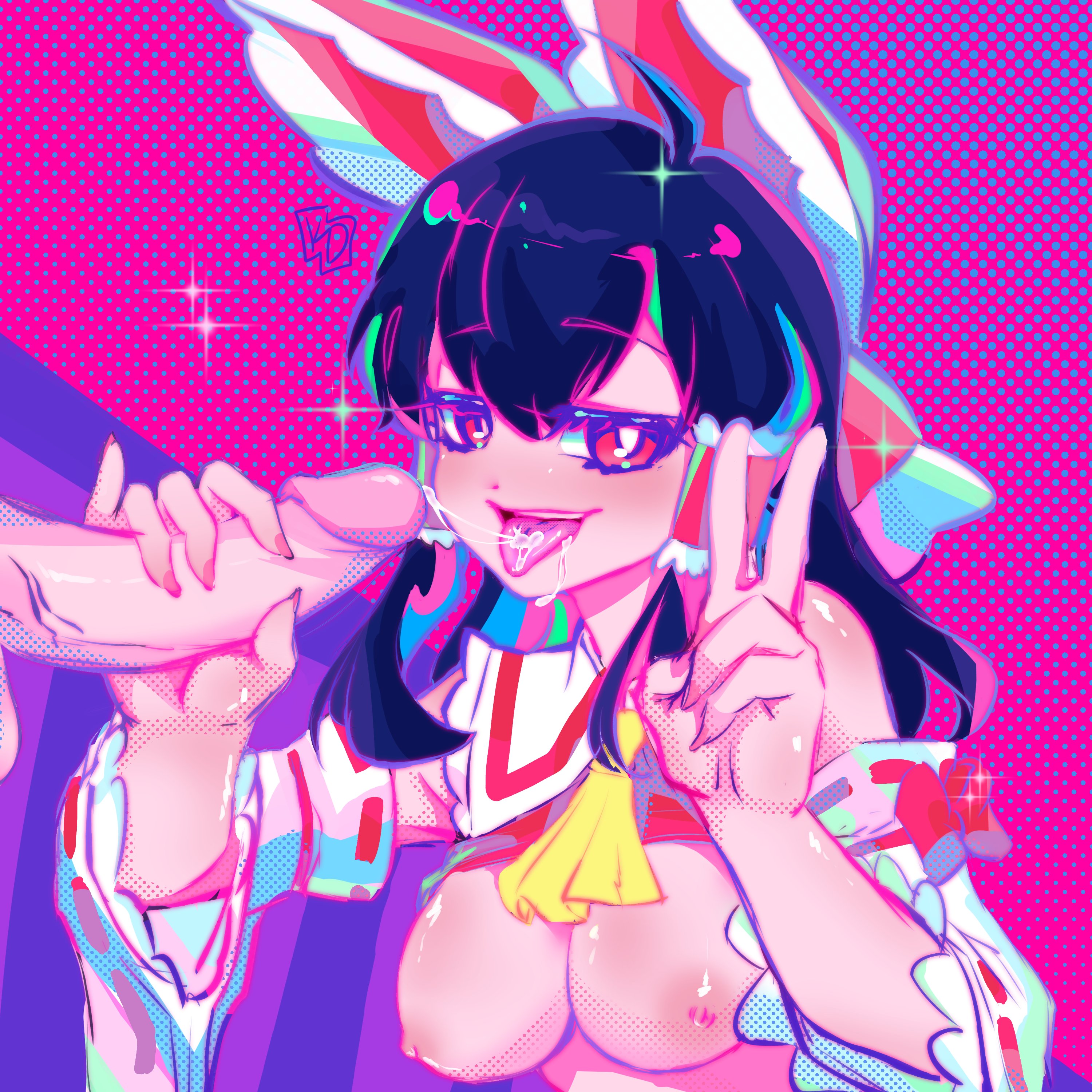 1boy, 1girls, accurate art style, balls, black hair, blush, breasts, breasts out, cum, cum in mouth, cum on face, cum on tongue, cumshot, detached sleeves, ejaculation, erection, female, female focus, hair tubes, hairbow, hakurei reimu, handjob, holding penis, kadaryo, long hair, looking at viewer, male, medium breasts, muse dash, nipples, open mouth, peace sign, penis, red eyes, red shirt, reimu hakurei, sex, shirt, shirt lift, signature, solo focus, straight, testicles, tongue, tongue out, touhou, uncensored