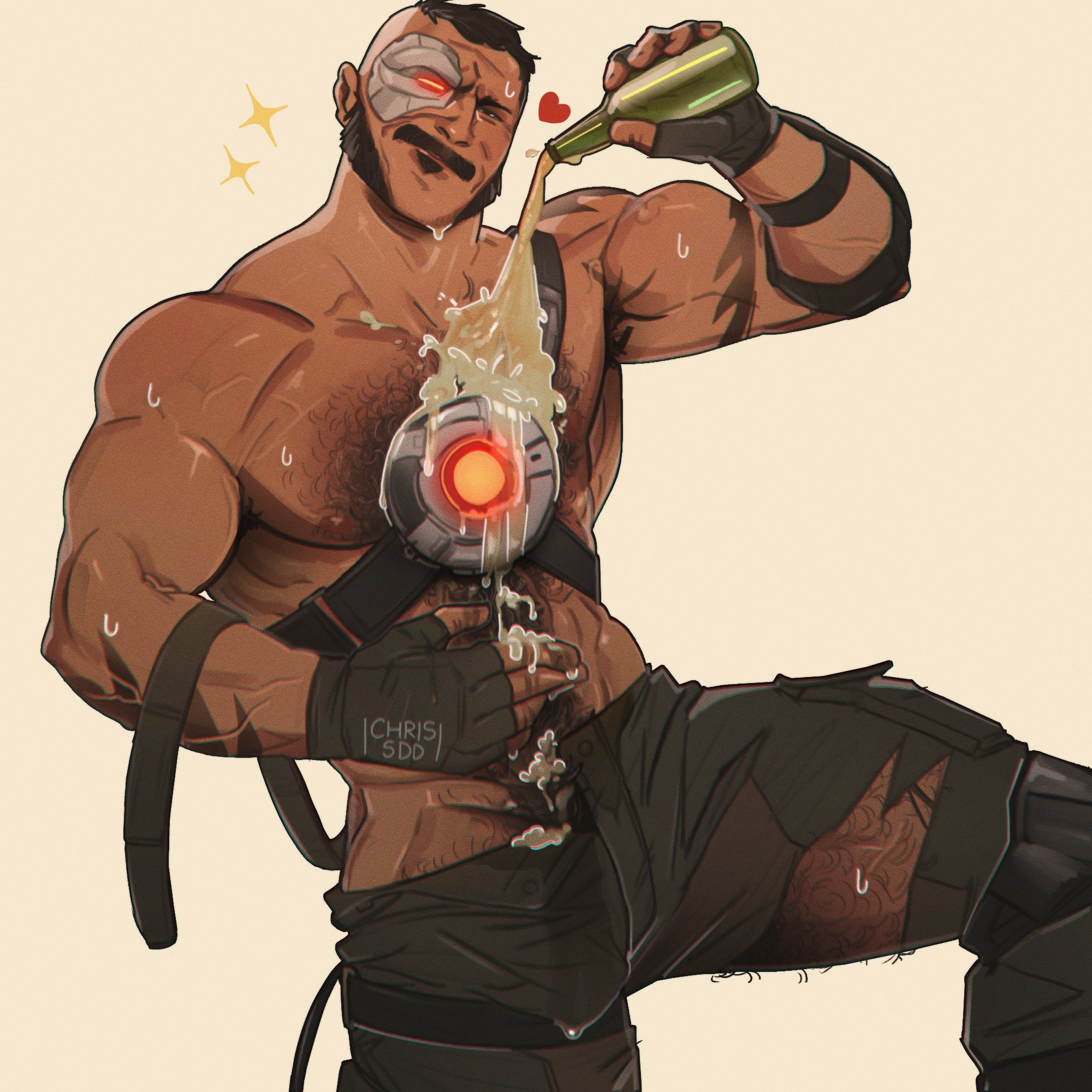 alcohol, balls, bara, beer, boner, bulge, chris sdd, cybernetic eye, erection, erection under clothes, facial hair, hairy, kano (mortal kombat), male, male only, mortal kombat, muscles, muscular, mutton chops, penis, pouring on self, ripped clothing, sideburns, solo, solo male, yaoi