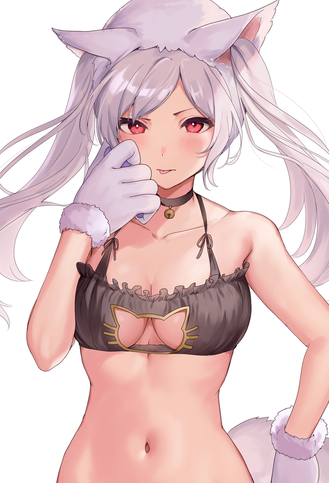 :p, 1girls, animal ears, animal hands, asymmetrical bangs, bangs, bell, black bra, bra, breasts, cat cutout, cat lingerie, cat paws, clothing cutout, collarbone, commentary request, fake animal ears, female, female only, fire emblem, fire emblem awakening, fire emblem heroes, gloves, grima (fire emblem), haru (nakajou-28), highres, long hair, looking at viewer, medium breasts, meme attire, navel, neck bell, nintendo, paw gloves, possession, red eyes, robin (fire emblem), robin (fire emblem) (female), solo, tongue, tongue out, twintails, underwear, white background, white hair