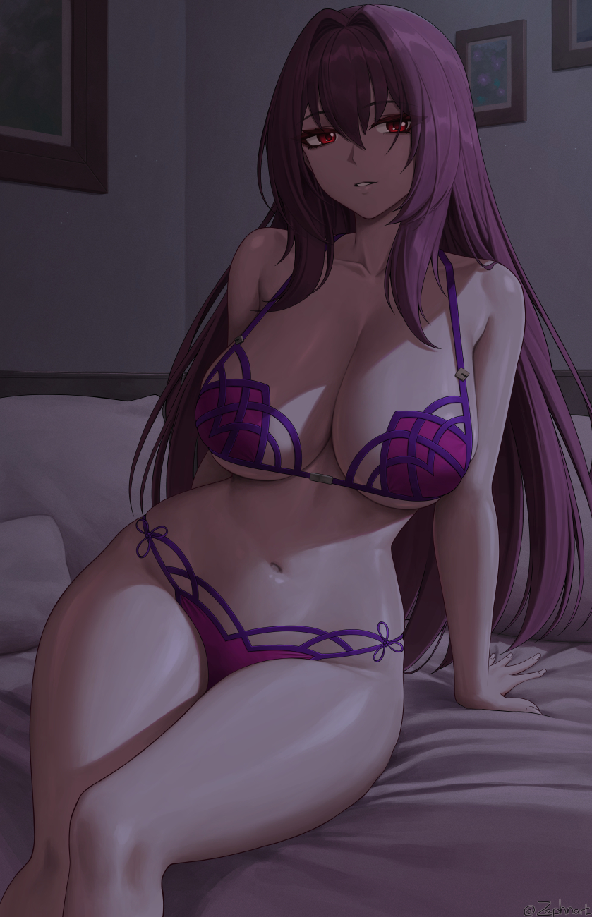 1girls, bikini, breasts, fate (series), fate/grand order, female, hips, huge breasts, light skin, light-skinned female, long hair, looking at viewer, naughty face, purple bikini, purple hair, red eyes, scathach (fate), scathach (swimsuit assassin), thick thighs, thighs, wide hips, zaphn