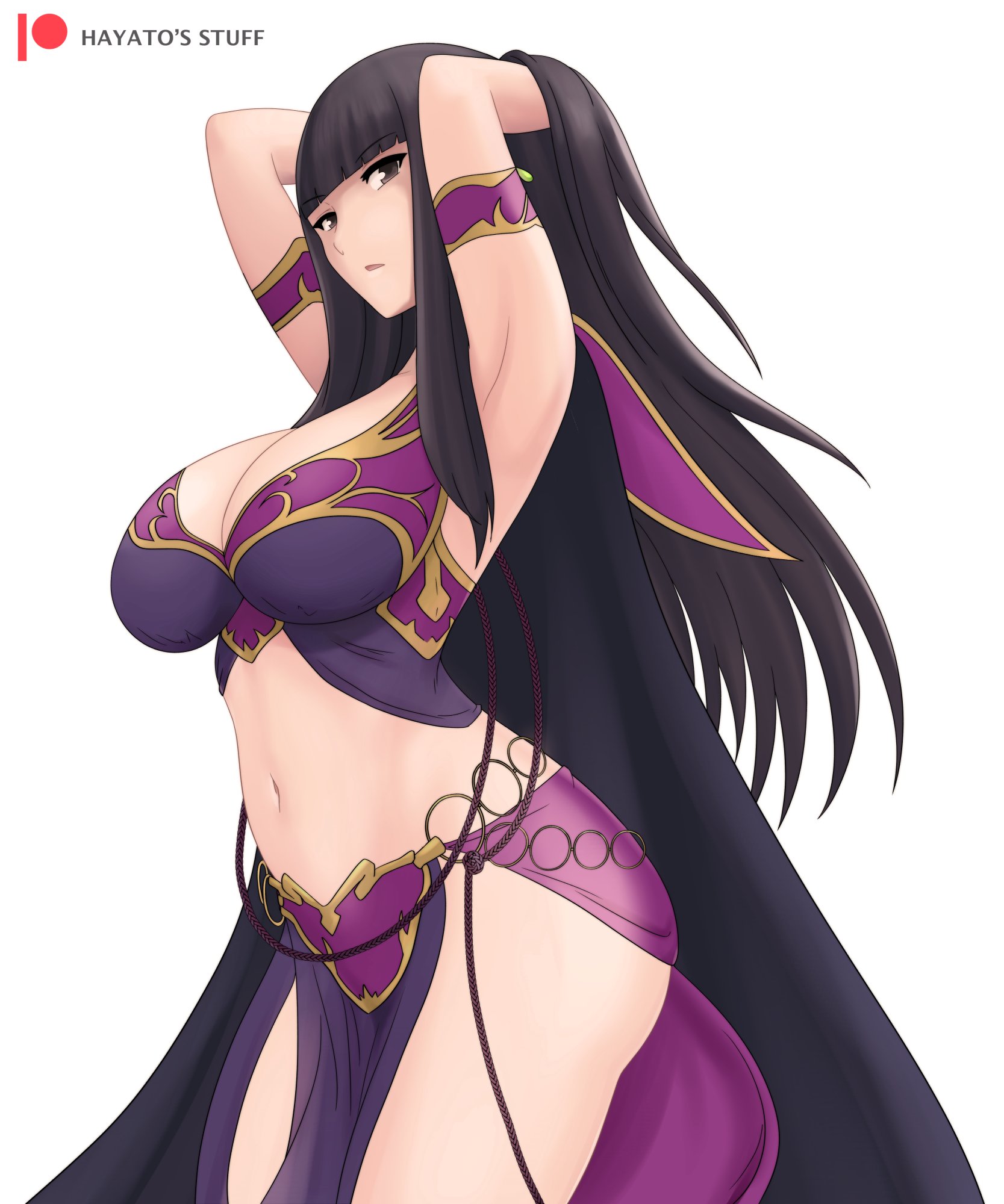 1girls, alternate costume, armpits, arms behind head, breasts, brown eyes, busty, cleavage, dancer, female, female only, fire emblem, fire emblem awakening, fire emblem heroes, hayato stuff, highres, large breasts, legs, long hair, looking at viewer, navel, nintendo, pose, solo, tharja (fire emblem), thighs, ursula (fire emblem), ursula (fire emblem) (cosplay)
