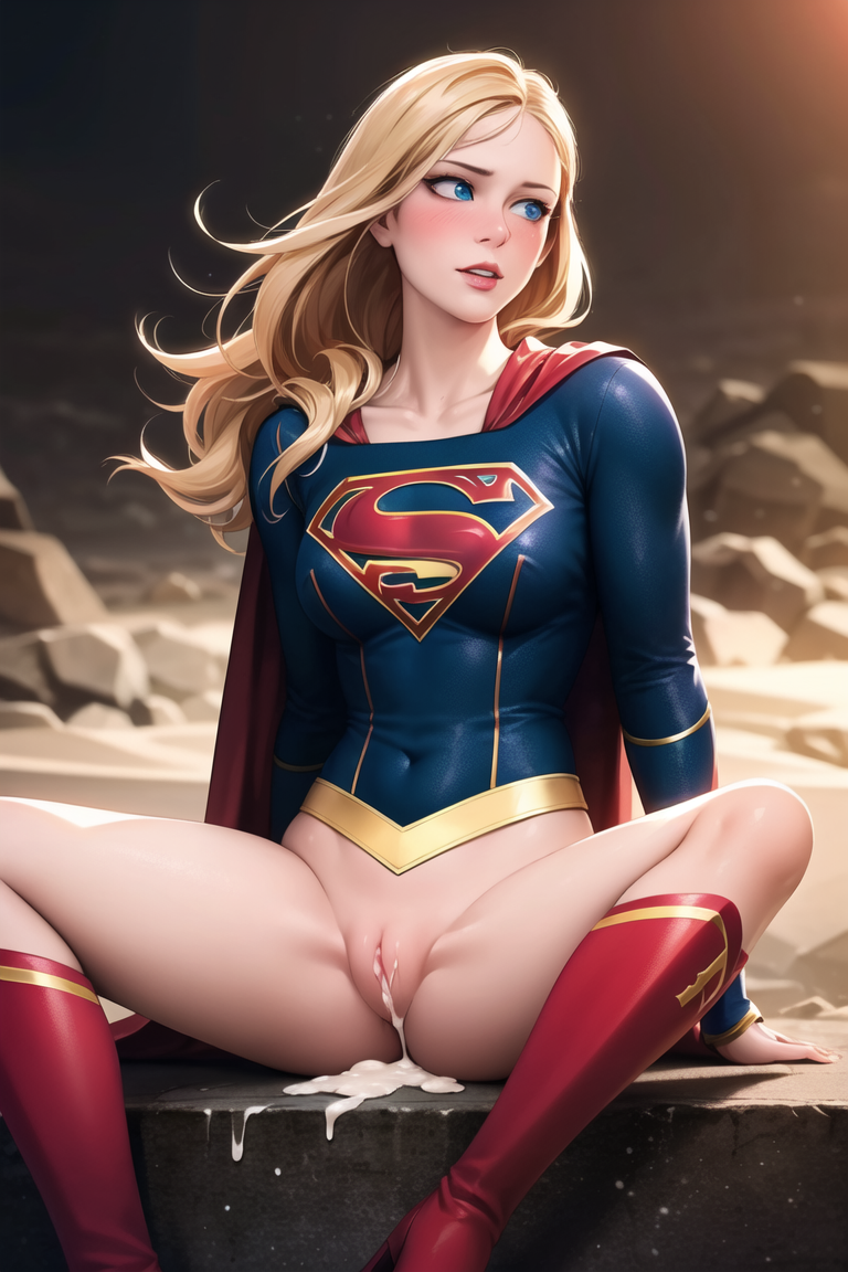after sex, after vaginal, ai generated, blonde hair, blue eyes, blush, boots, bottomless, breasts, cape, cum, cum in pussy, cumdrip, curvaceous, curvaceous body, curves, curvy, curvy body, curvy female, curvy figure, dc, dc comics, female, hood, hourglass figure, knee boots, lips, long hair, medium breasts, pussy, red cape, red footwear, solo, spread legs, stable diffusion, supergirl, superhero, superman (series), uncensored, voluptuous, voluptuous female
