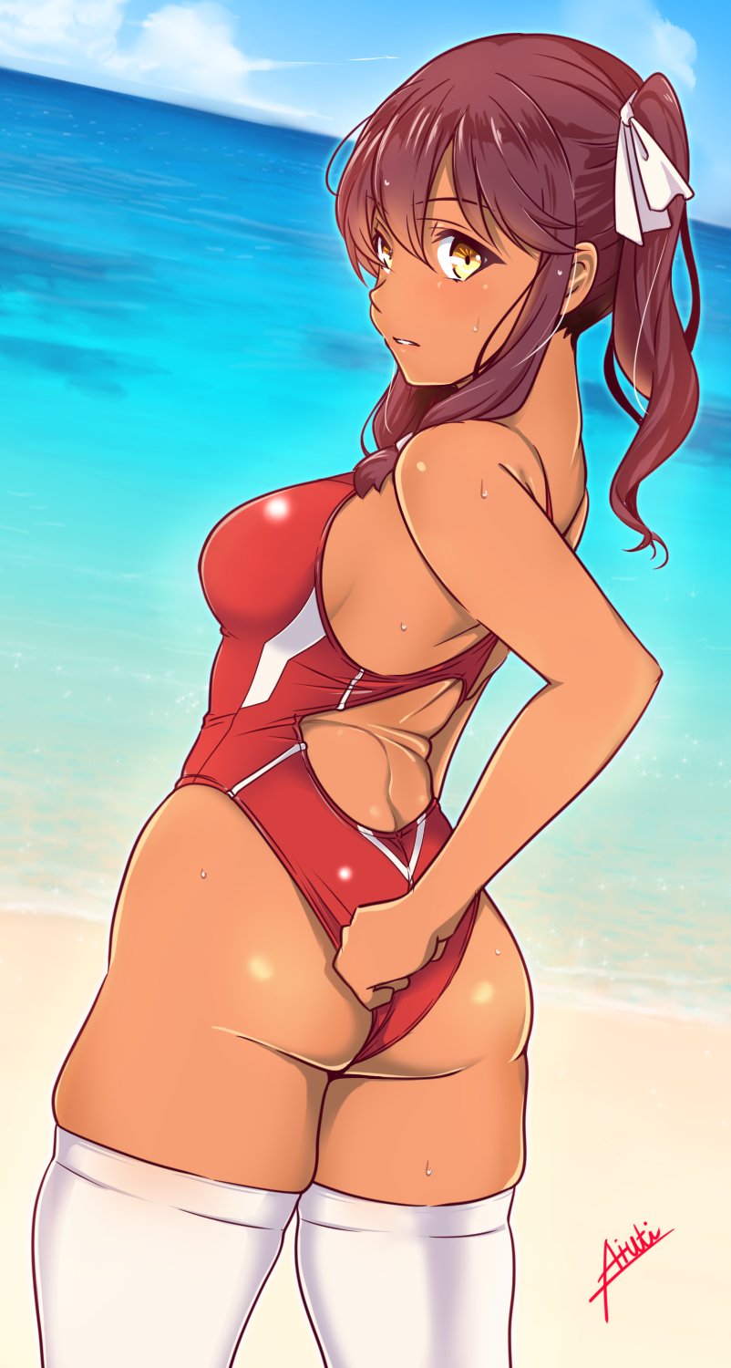 1girls aiuti artist_name ass beach big_ass big_breasts breasts brown_hair competition_swimsuit female female_only girls'_frontline highres large_breasts legs looking_at_viewer looking_back ocean one-piece_swimsuit parted_lips saiga-12_(girls'_frontline) sideboob sweat swimsuit tan thick_thighs thighhighs thighs voluptuous water wedgie