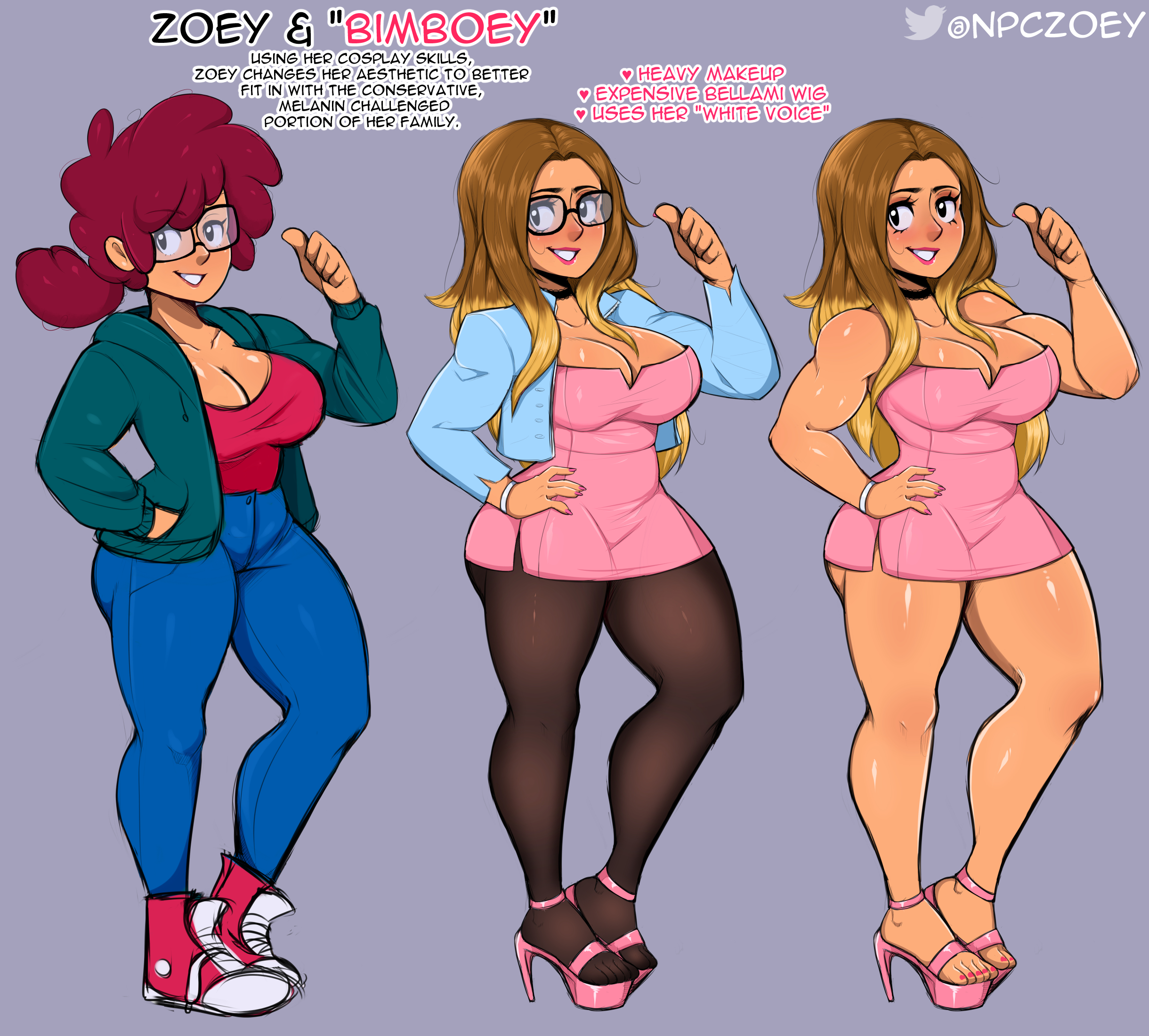 artist self-insert, bimbo, bimboey (npczoey), bimbofication, black eyes, blonde highlights, breasts, brown hair, character sheet, choker, cleavage, clothing, dress, english text, female, full body, glasses, heels, hi res, high heels, long hair, looking at viewer, npczoey, original, pantyhose, platform heels, ponytail, red hair, red lipstick, smiling, smiling at viewer, thick thighs, thumbs up, zoey (npczoey)