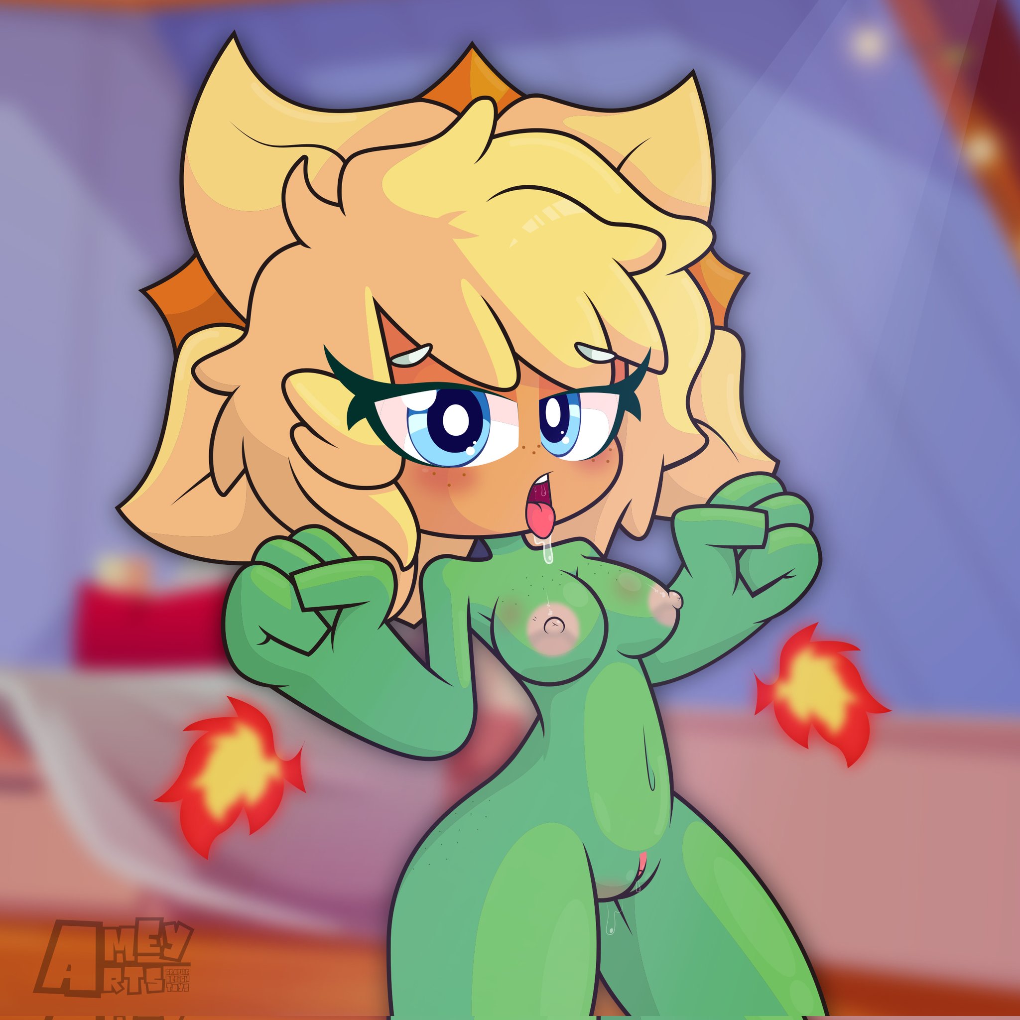 1girls, 2022, amey arts, anthro, areolae, blonde hair, blue eyes, blush, borrowed character, breasts, eyelashes, female, freckles, green body, green skin, looking at viewer, medium breasts, naked, navel, nipples, nude, nude female, pink nipples, plant, plantie, plants vs zombies, plants vs zombies: heroes, pussy, pussy juice, saliva, solar flare (pvz), solo, someone else's oc, sunflower, sunflower (pvz), tongue, tongue out