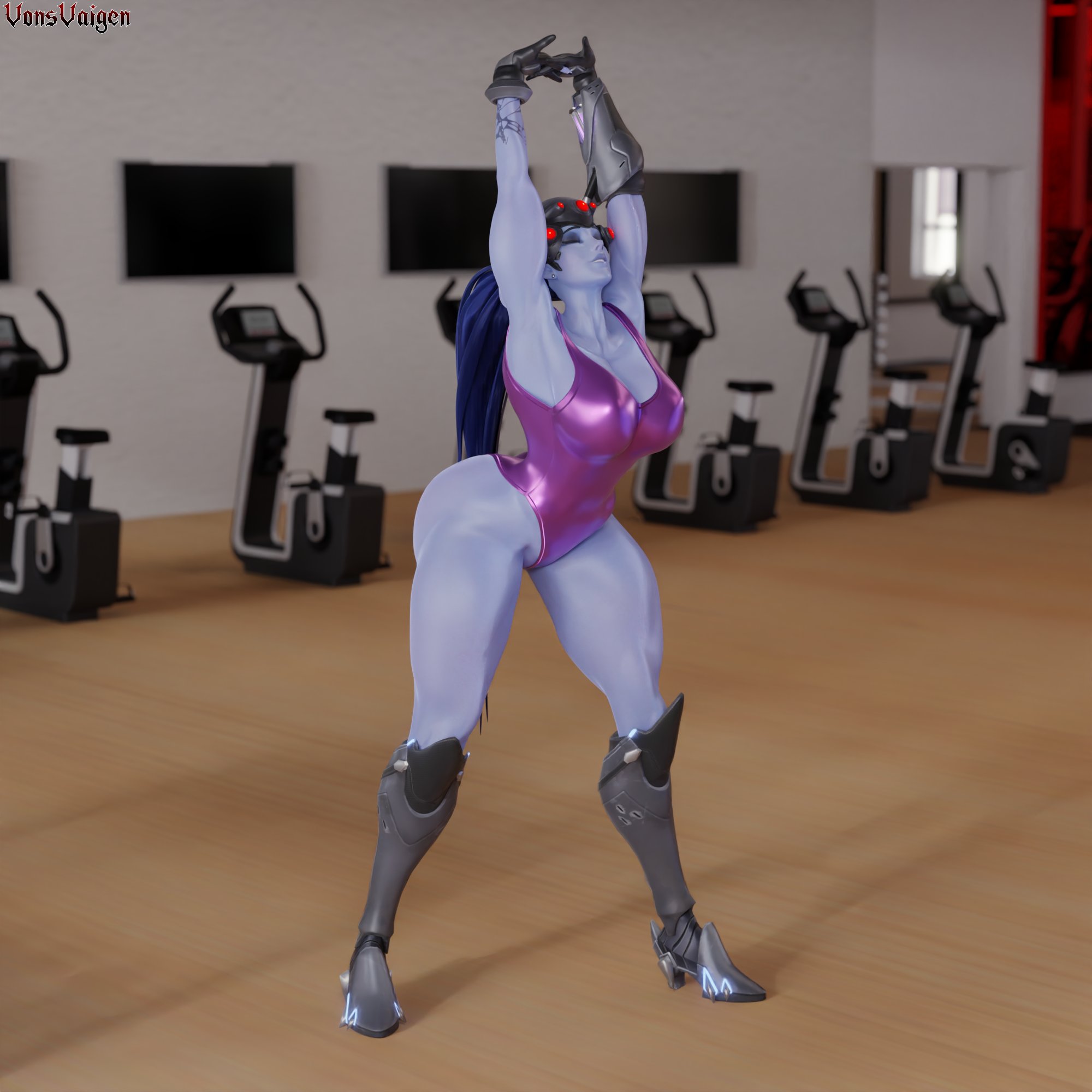 1girls, 3d, abs, amelie lacroix, big breasts, blizzard entertainment, breasts, cammy stretch, female, female only, fit, fit female, gym, looking at viewer, meme, muscular, muscular female, onesie, overwatch, overwatch 2, purple skin, solo, stretching, tattoo, thick thighs, vonsvaigen, wide hips, widowmaker, yellow eyes
