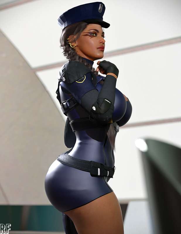 1girls, 3d, absurd res, apex legends, ass, big breasts, breasts, cameltoe, cleavage, cleavage cutout, dark skin, dark-skinned female, female, female only, hi res, loba (apex legends), police hat, police uniform, policewoman, pussy, rude frog, solo, thick ass, wide hips