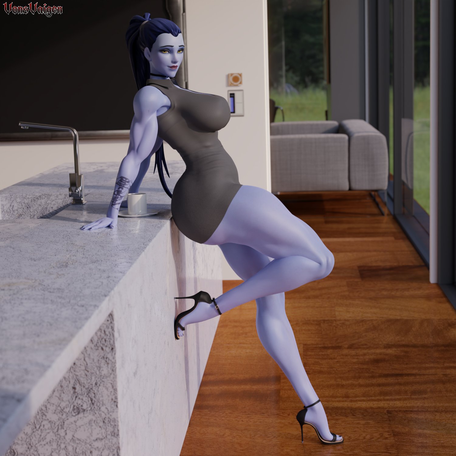 1girls, 3d, abs, amelie lacroix, ass, big ass, big breasts, blizzard entertainment, breasts, dress, female, female only, fit, fit female, heels, high heels, looking at viewer, muscular, muscular female, overwatch, overwatch 2, purple skin, solo, tattoo, thick thighs, tight clothing, vonsvaigen, wide hips, widowmaker, yellow eyes